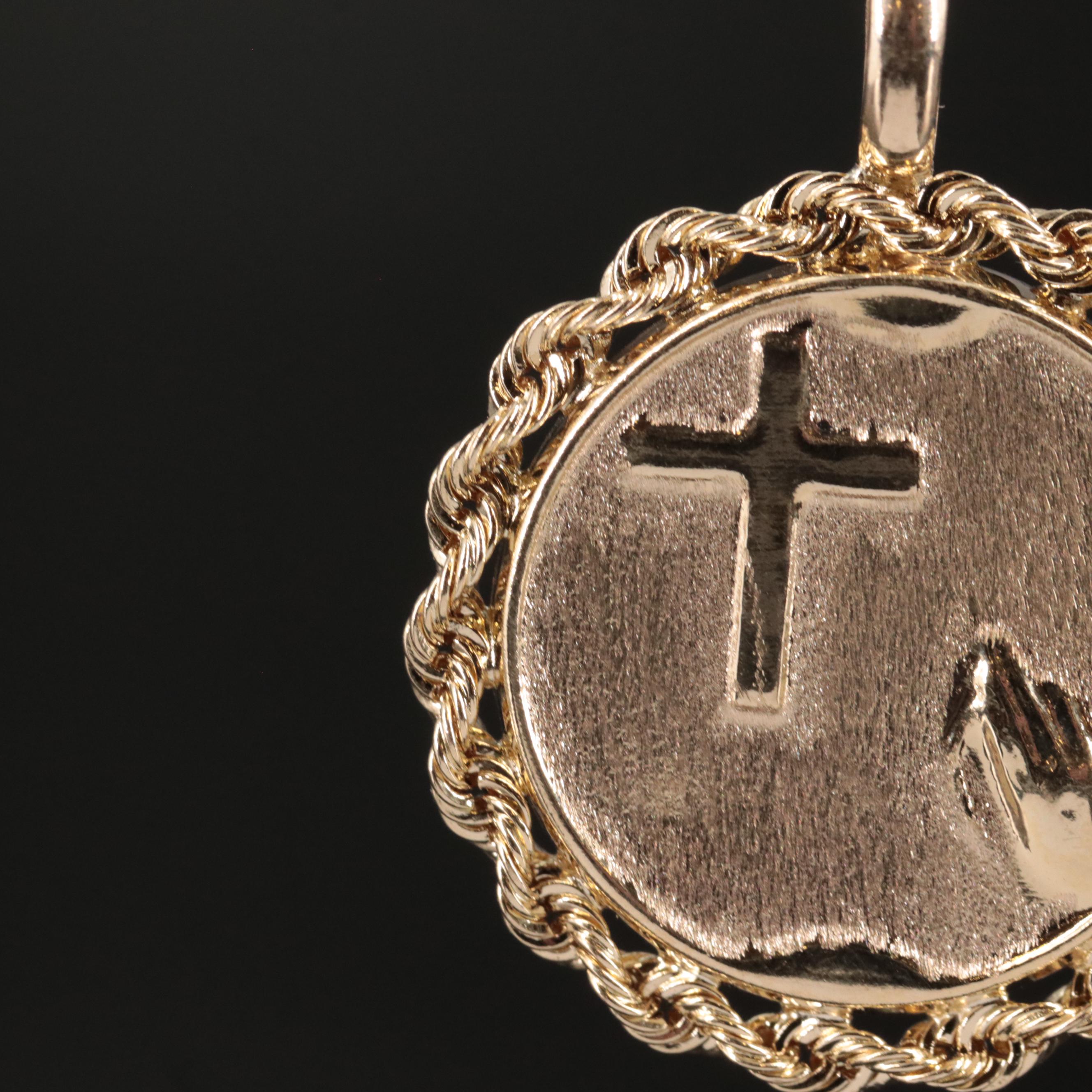 10K Cross and Praying Hands Disk Pendant