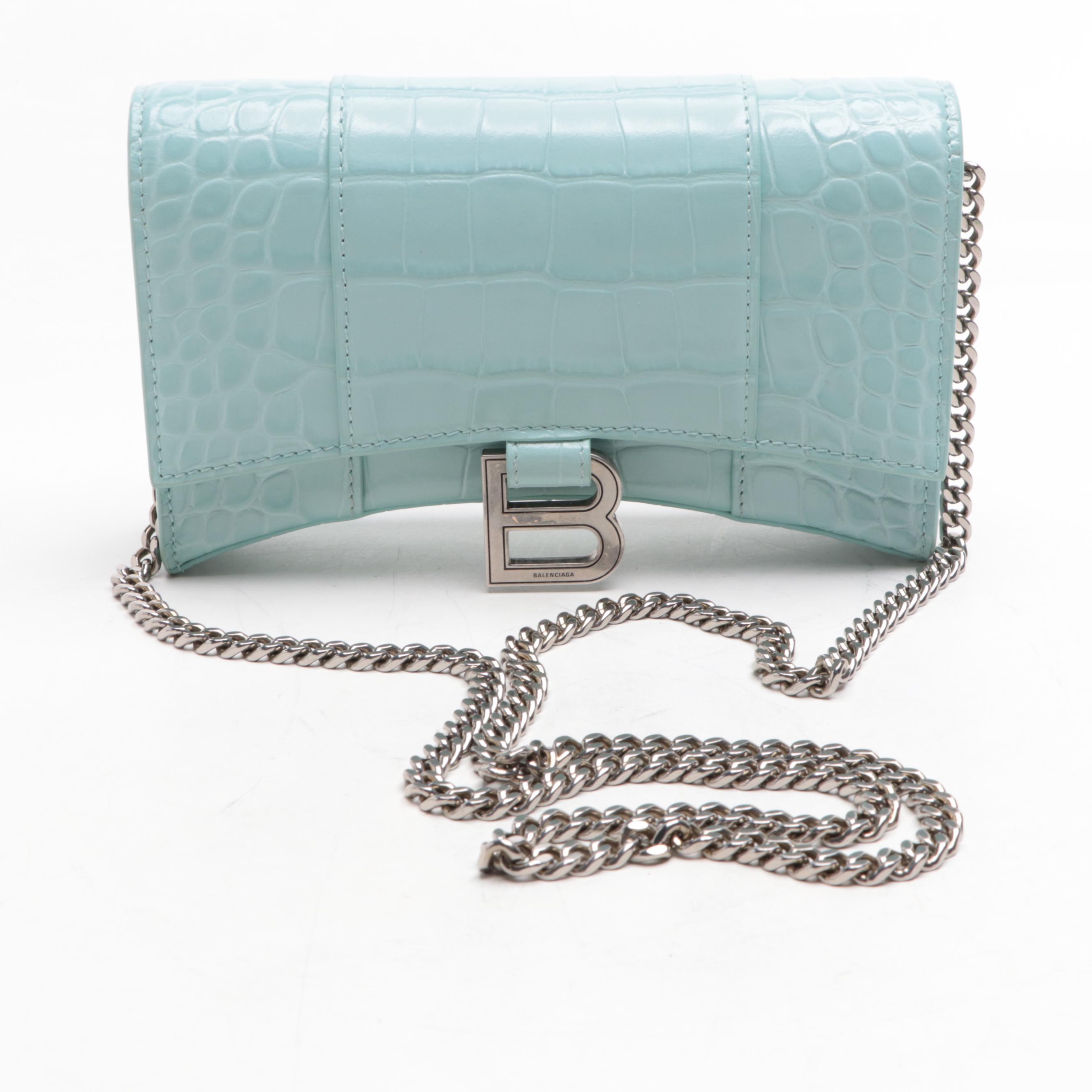 Balenciaga Hourglass Croc-Embossed Leather Wallet on Chain