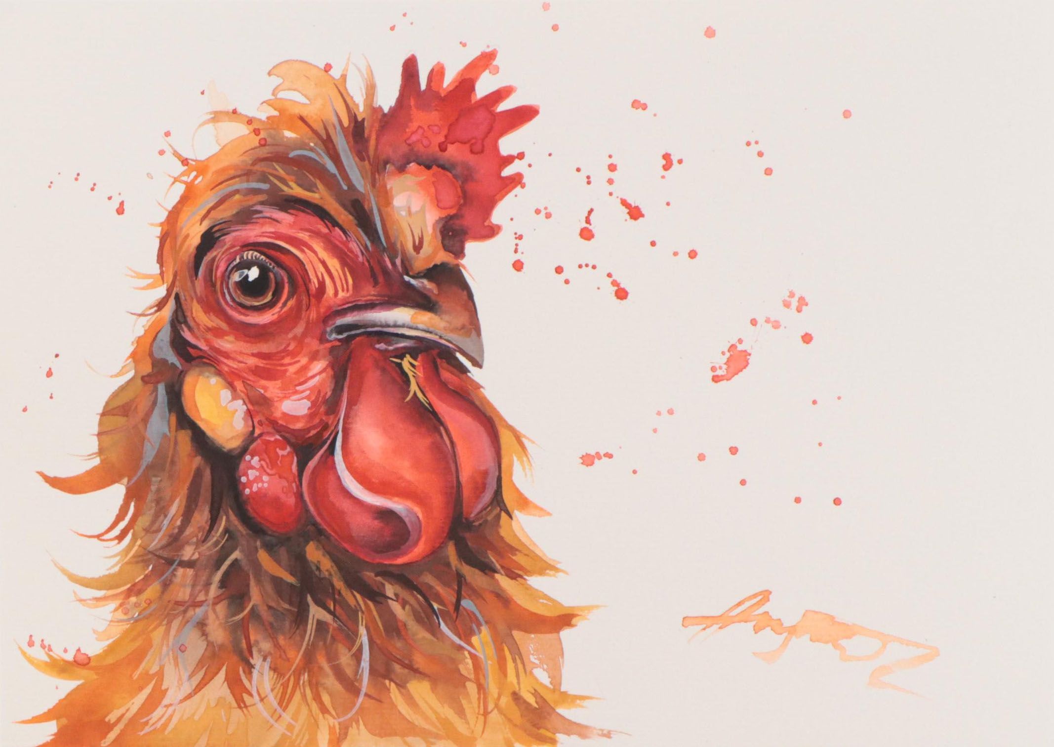 Anne Gorywine Watercolor Painting of Rooster, 21st Century