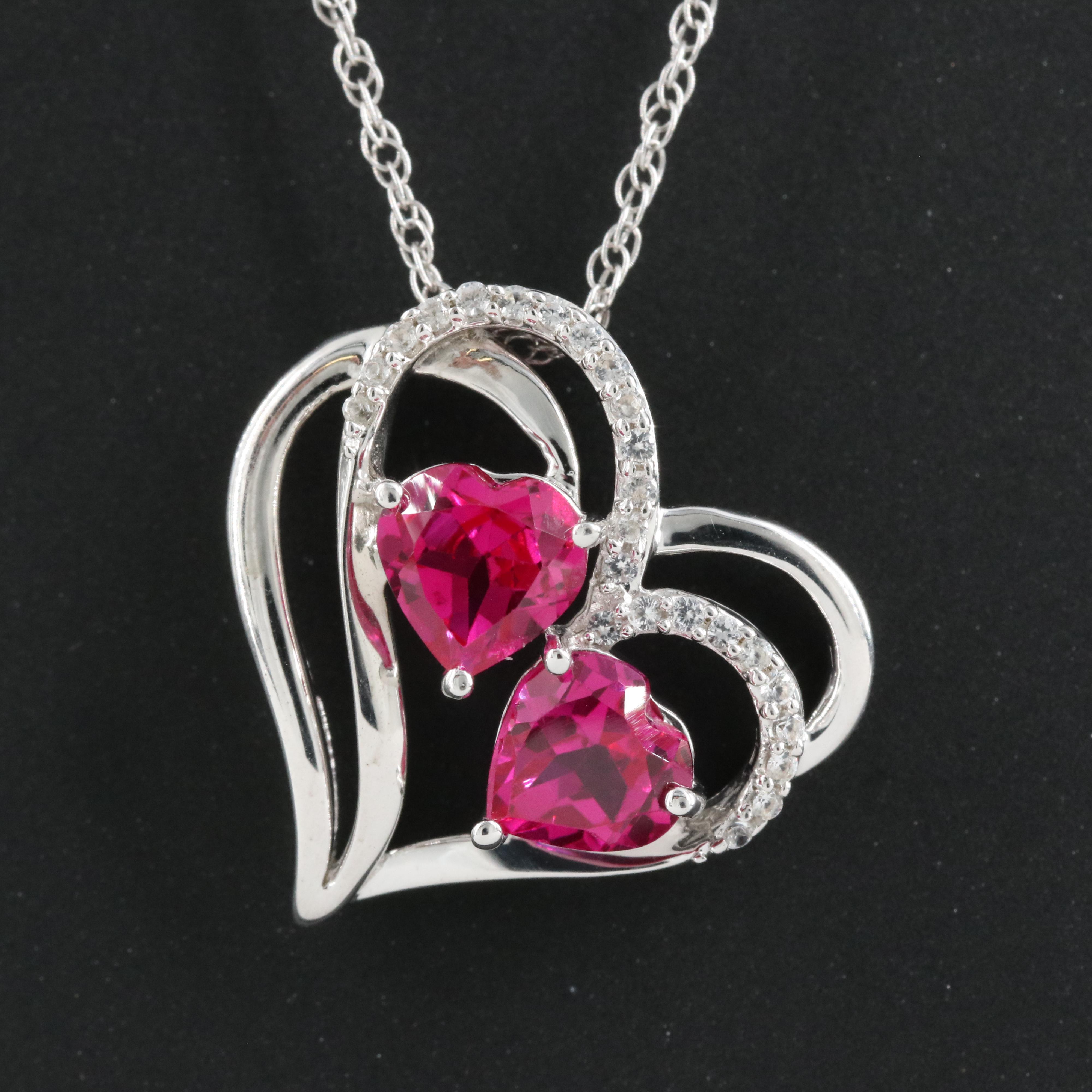Sterling Ruby and Sapphire Heart Pendant Necklace