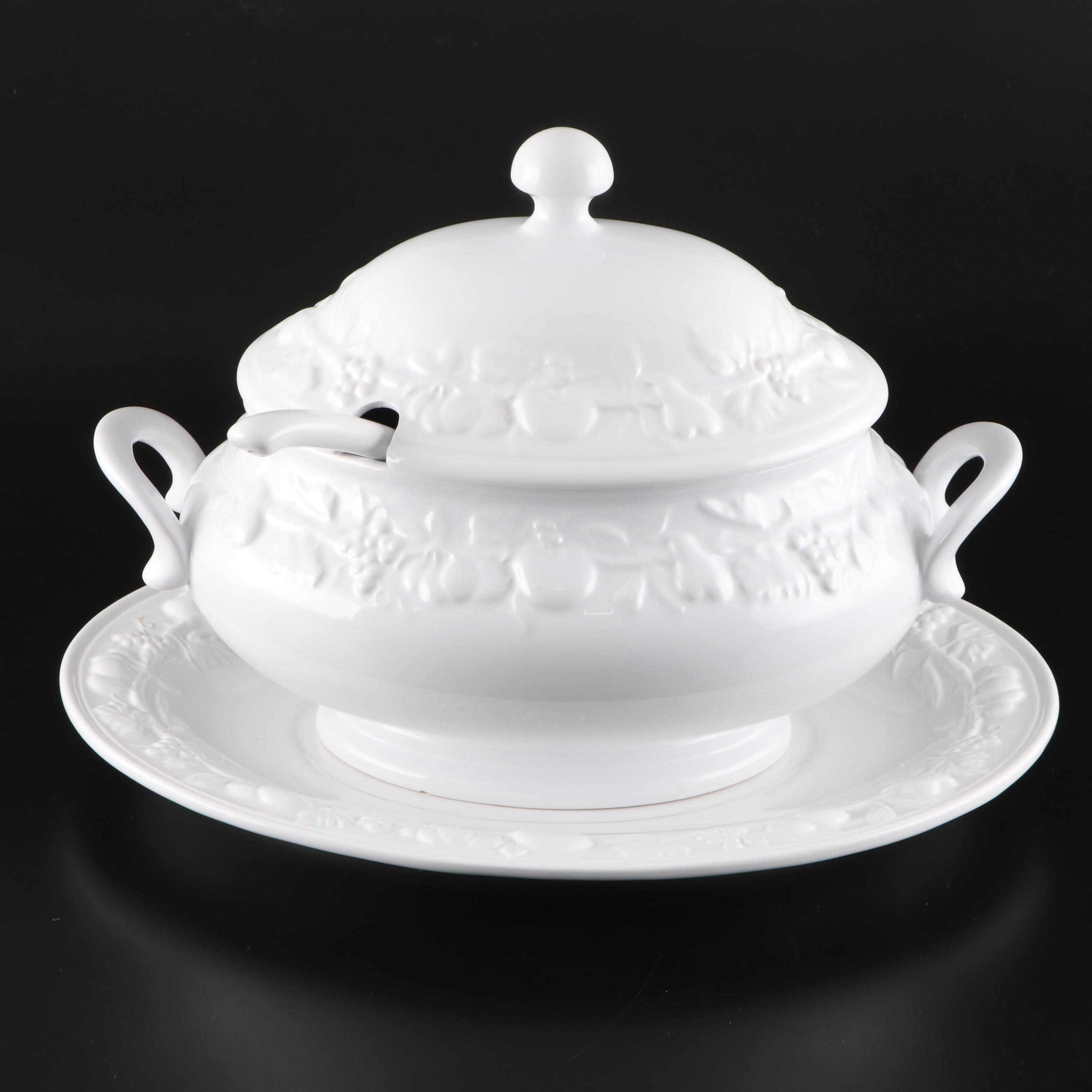 Italian White Glazed Majolica Soup Tureen with Under Platter