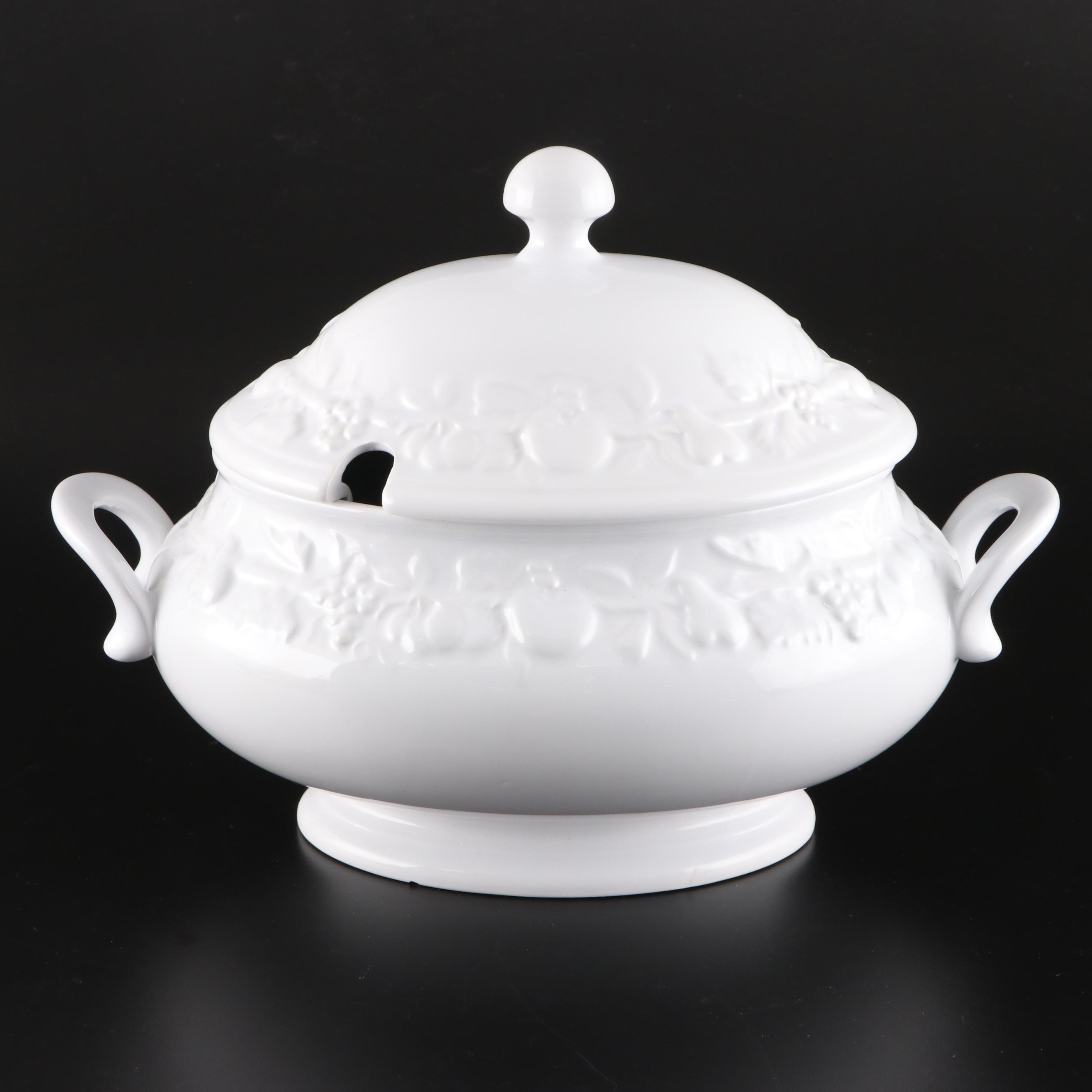 Italian White Glazed Majolica Soup Tureen with Under Platter