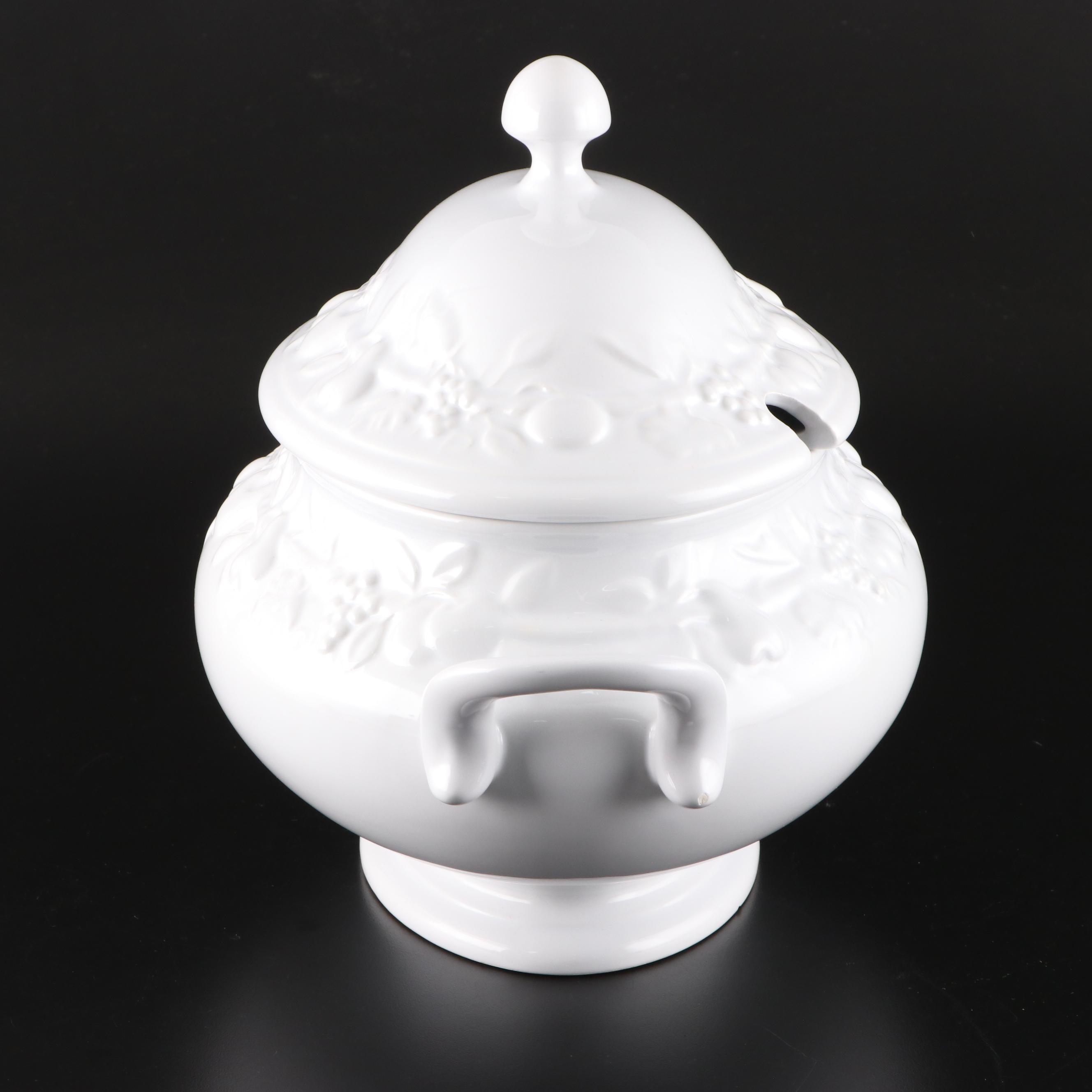 Italian White Glazed Majolica Soup Tureen with Under Platter