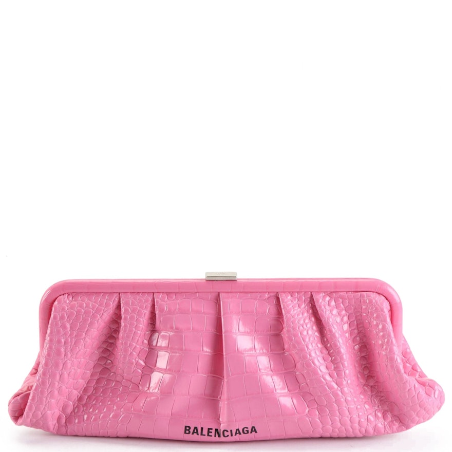 Balenciaga XL Cloud Crossbody Clutch in Pink Croc-Embossed Leather with Strap