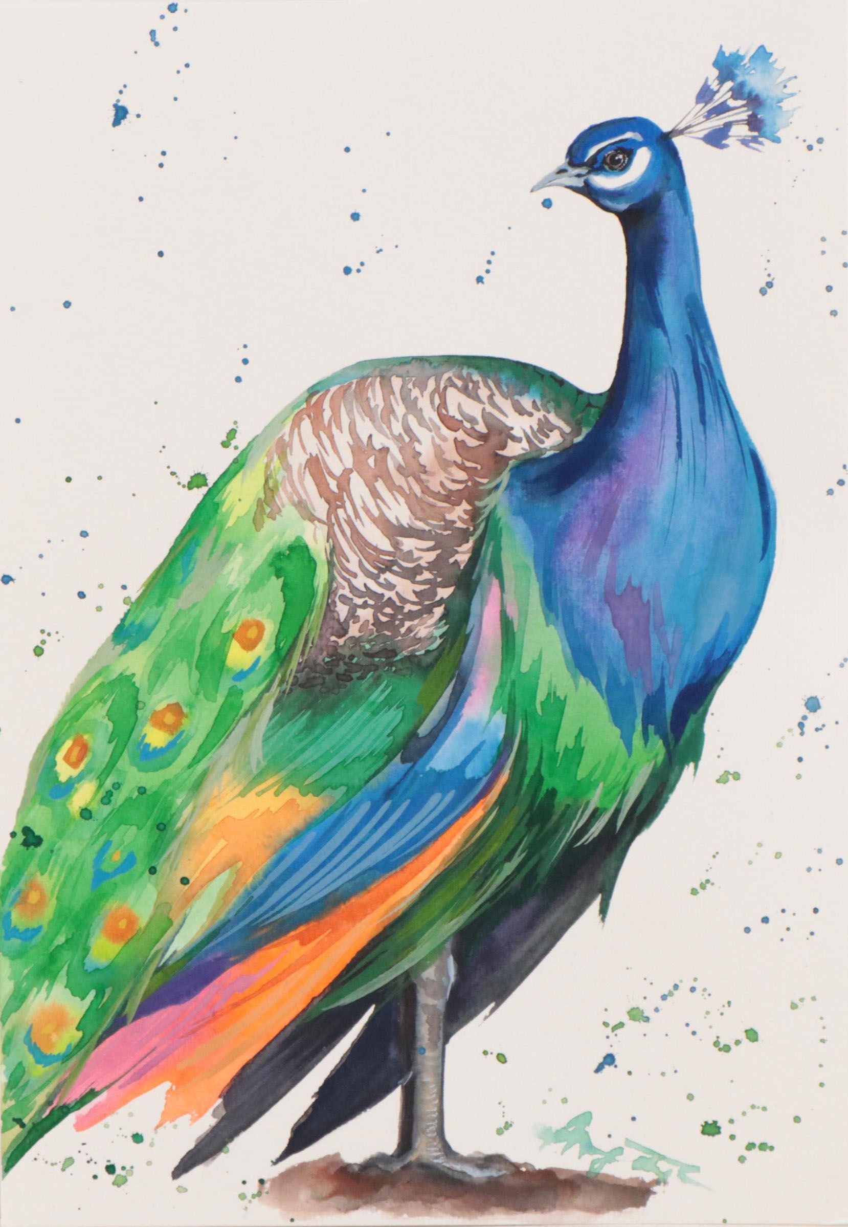 Anne Gorywine Watercolor Painting of Peacock, 21st Century