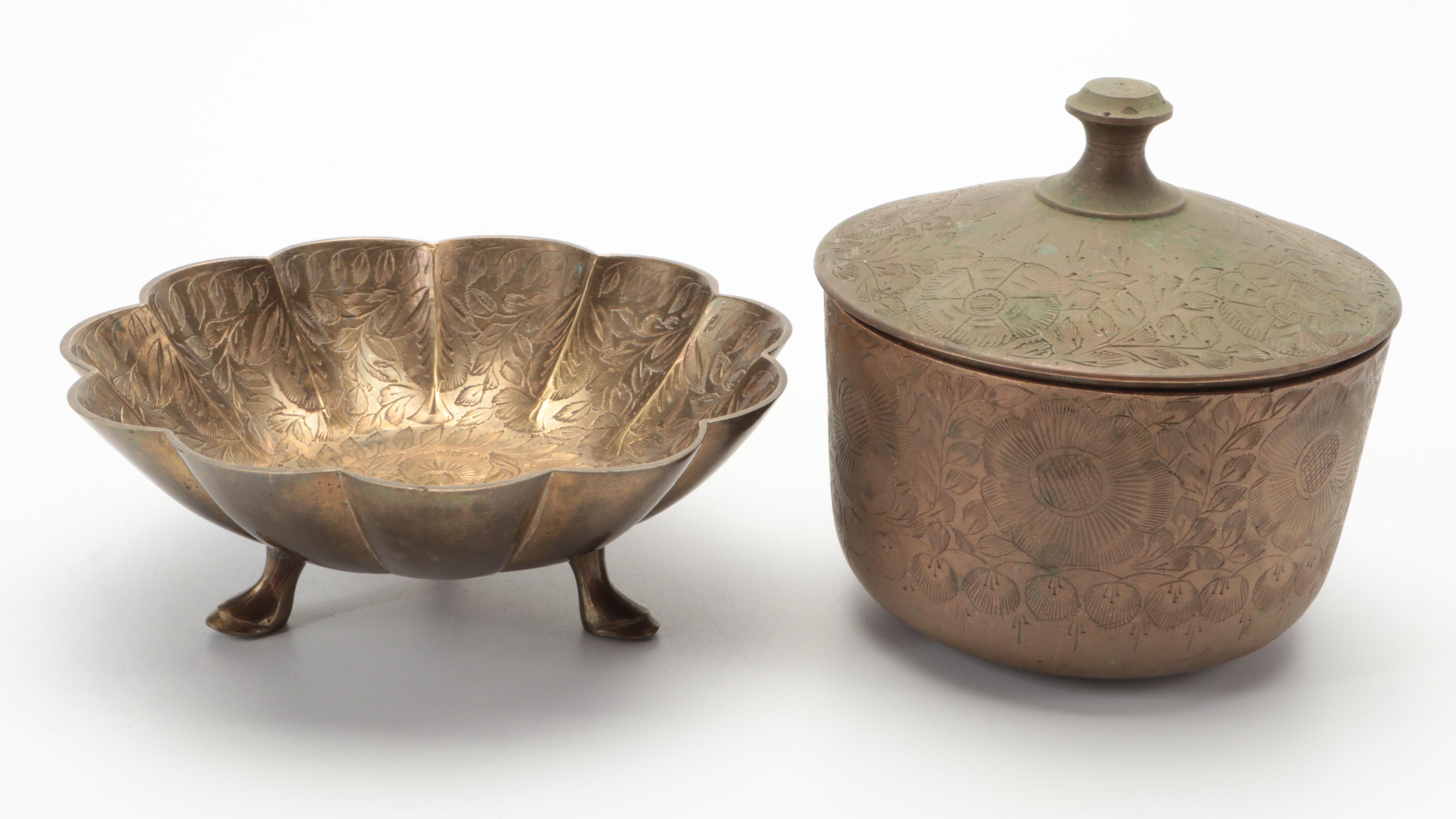 Chased Indian Brass Footed Lobed Bowl with Collection of Brass Décor