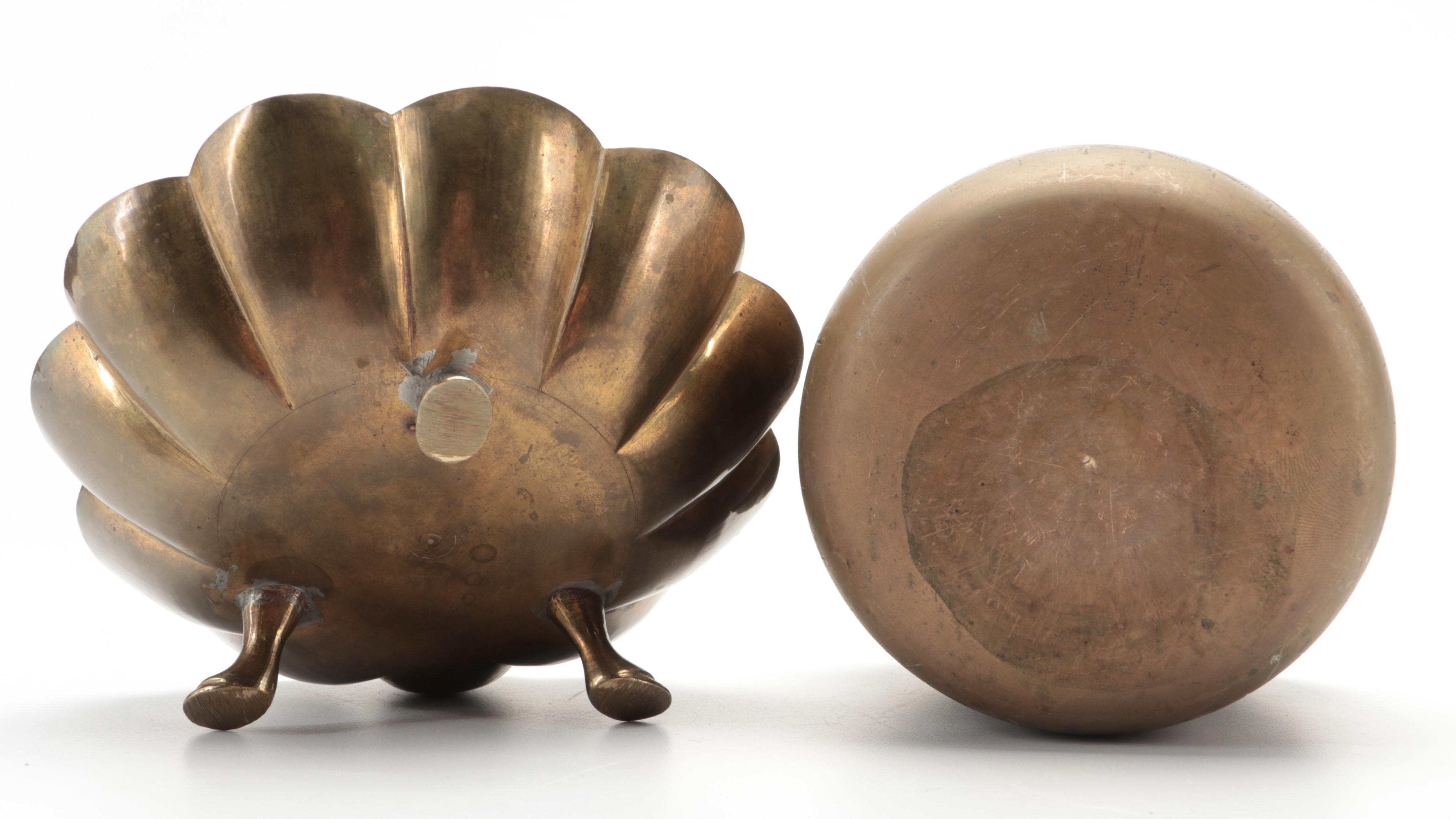 Chased Indian Brass Footed Lobed Bowl with Collection of Brass Décor