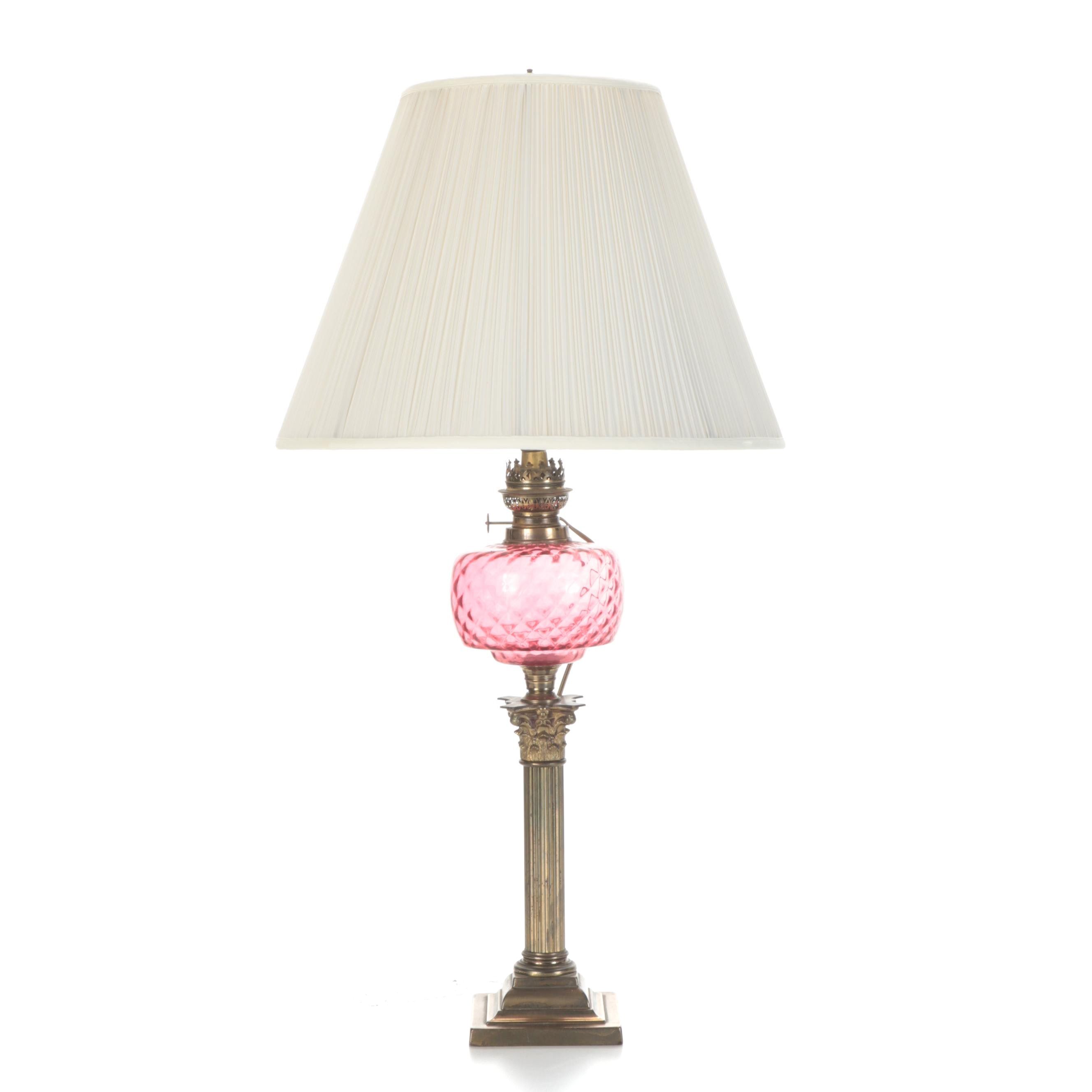Victorian Columnated Quilted Ruby Glass Oil Lamp, Adapted With French Wiring
