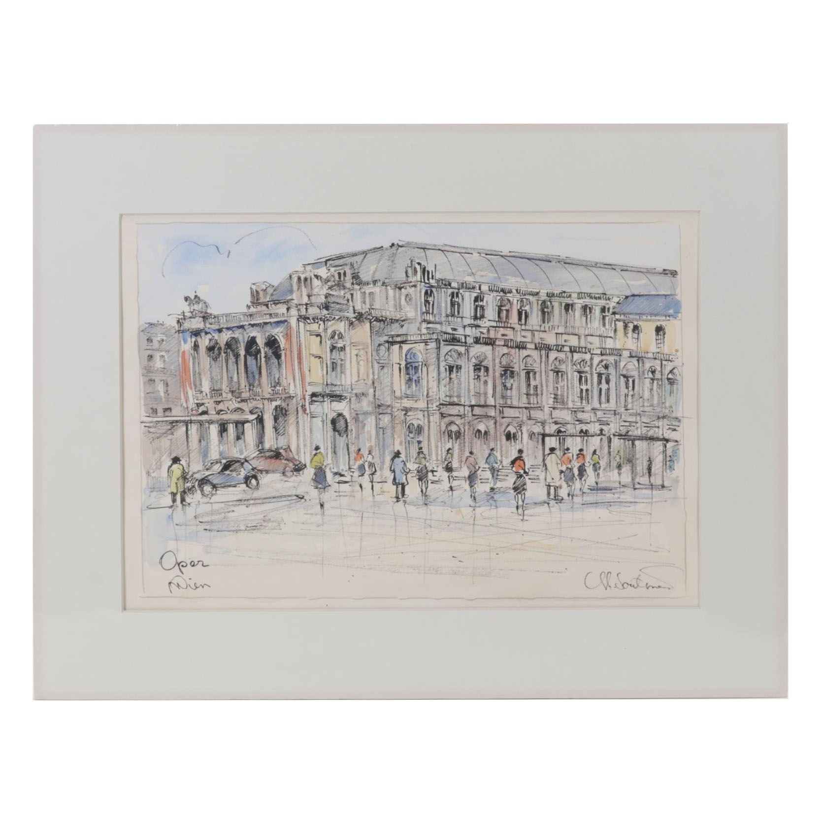 Viennese Cityscape Watercolor Painting "Oper, Wien," Late 20th Century