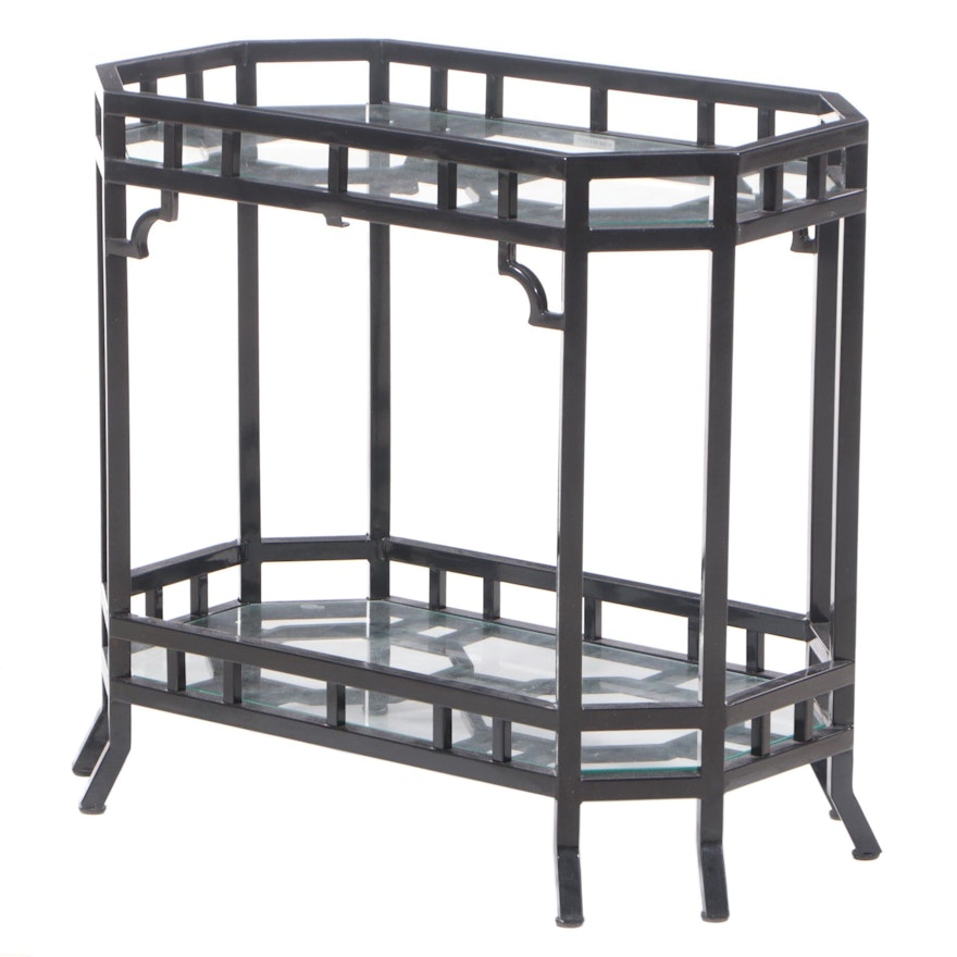 Regency Style Black Powder-Coated Metal and Glass Two-Tier Side Table