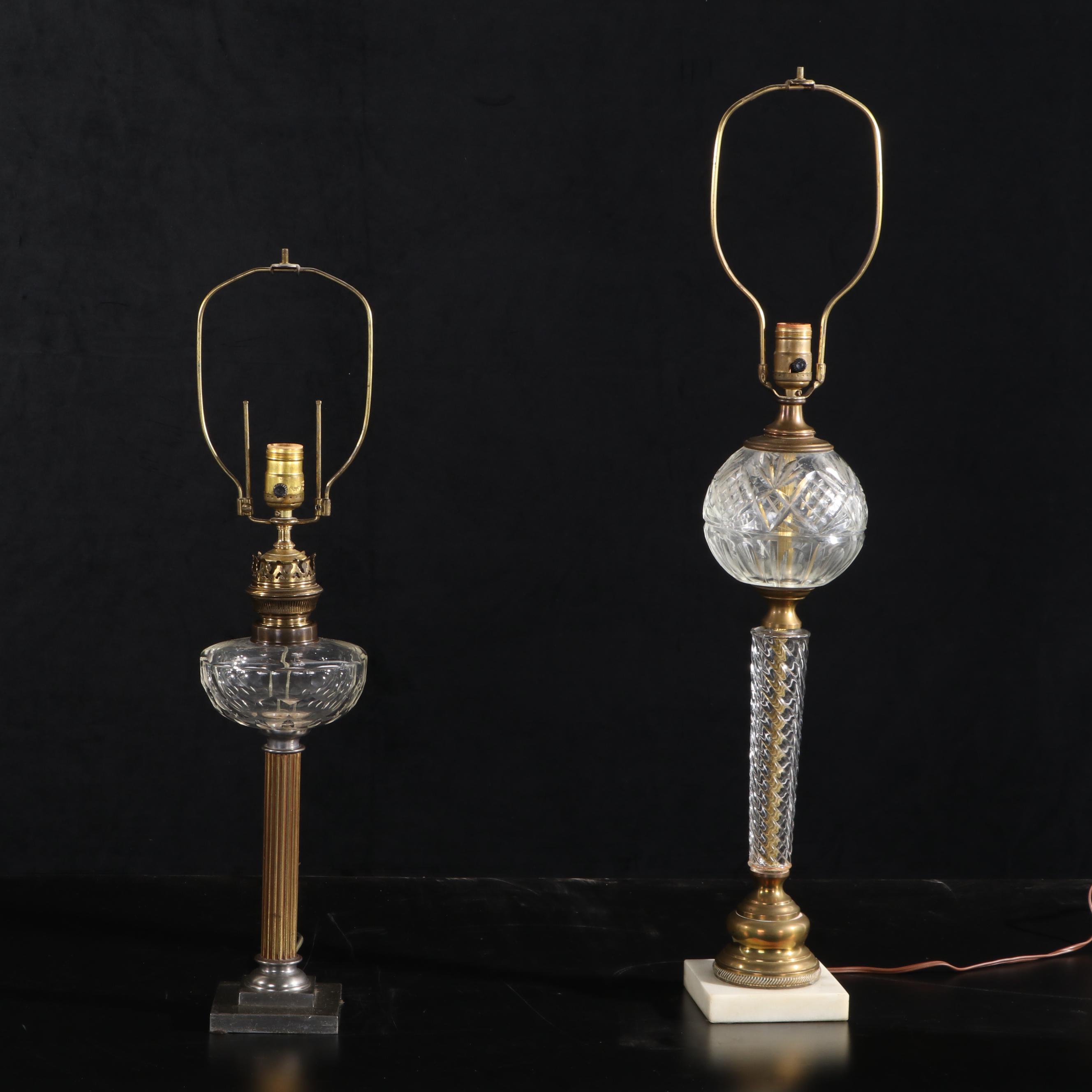 Columnated Brass and Glass Oil Buffet Style Table Lamps, Mid/ Late 20th Century