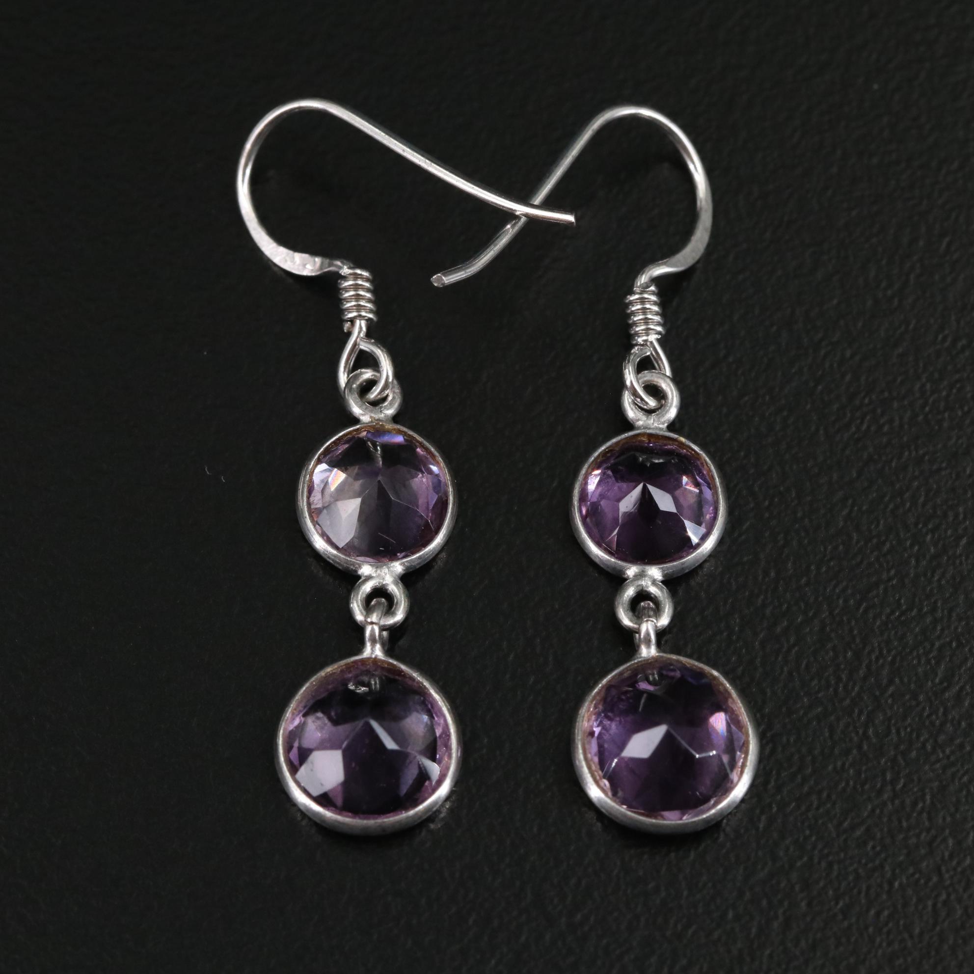 Sterling Round Amethyst Dangle Earrings