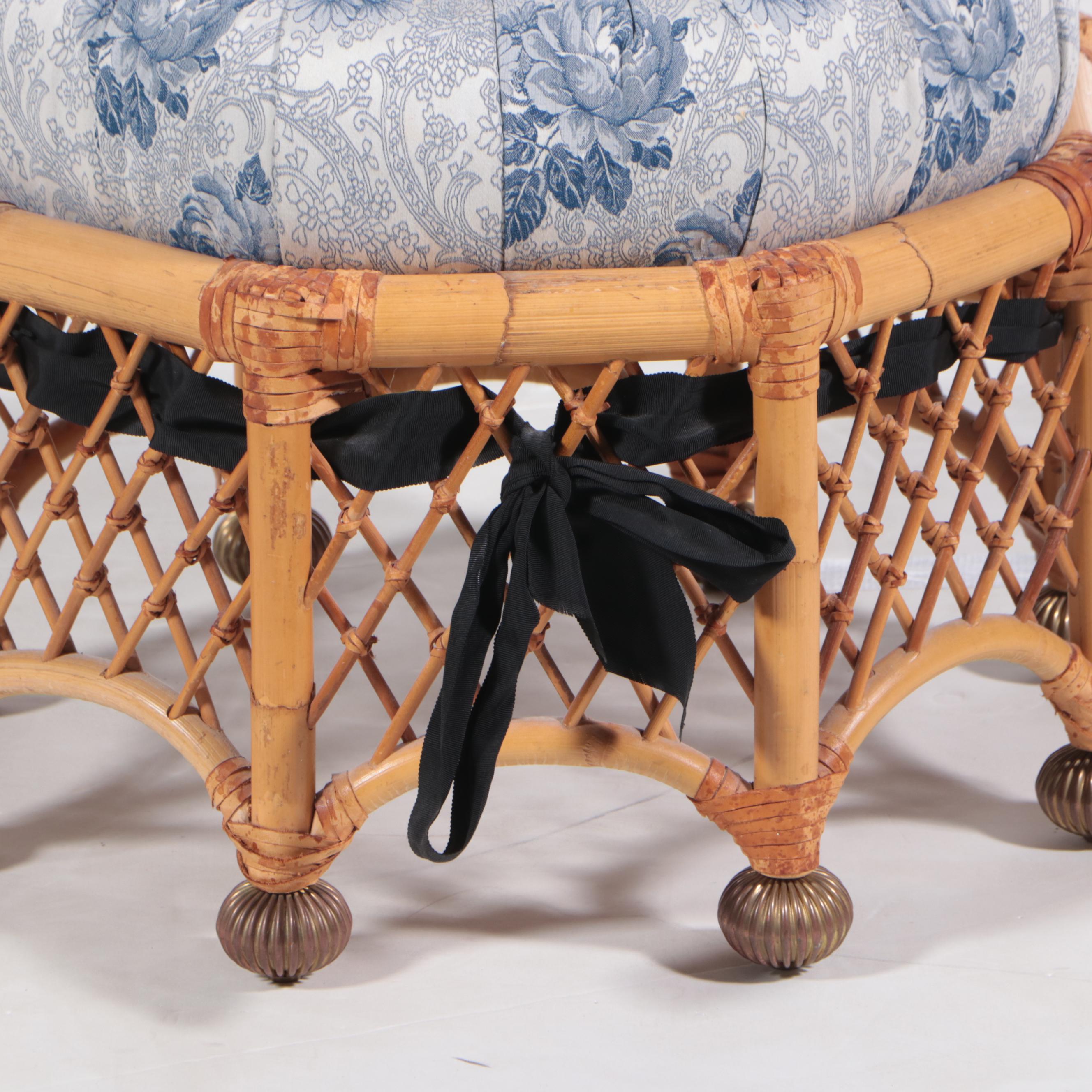 Custom-Upholstered Bamboo, Leather-Bound, and Brass-Mounted Stool