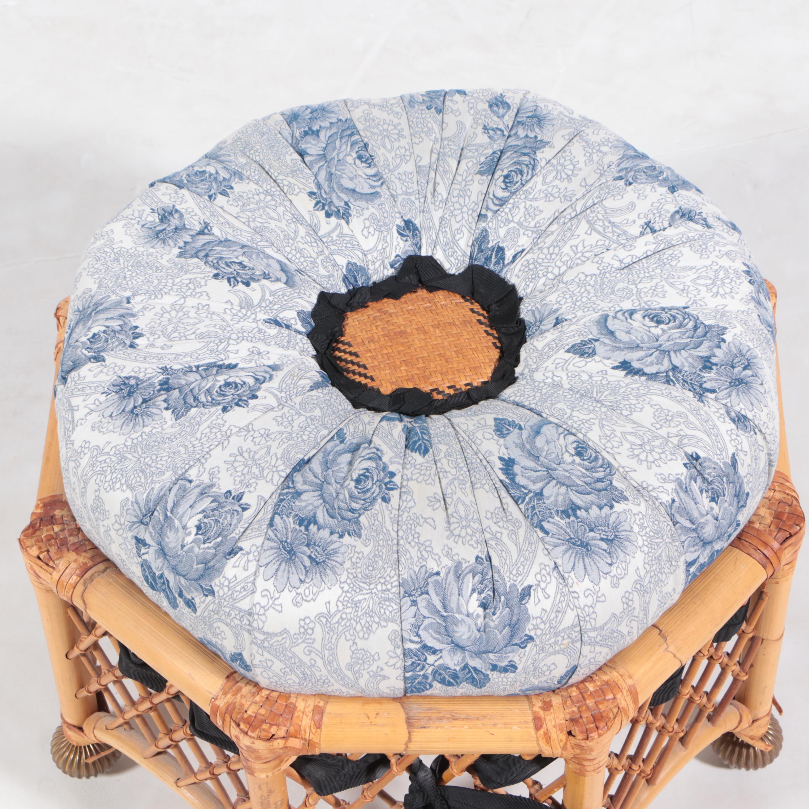 Custom-Upholstered Bamboo, Leather-Bound, and Brass-Mounted Stool