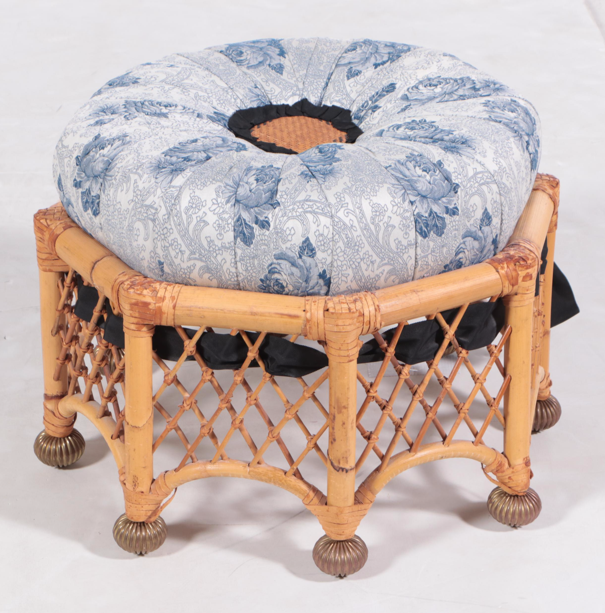 Custom-Upholstered Bamboo, Leather-Bound, and Brass-Mounted Stool
