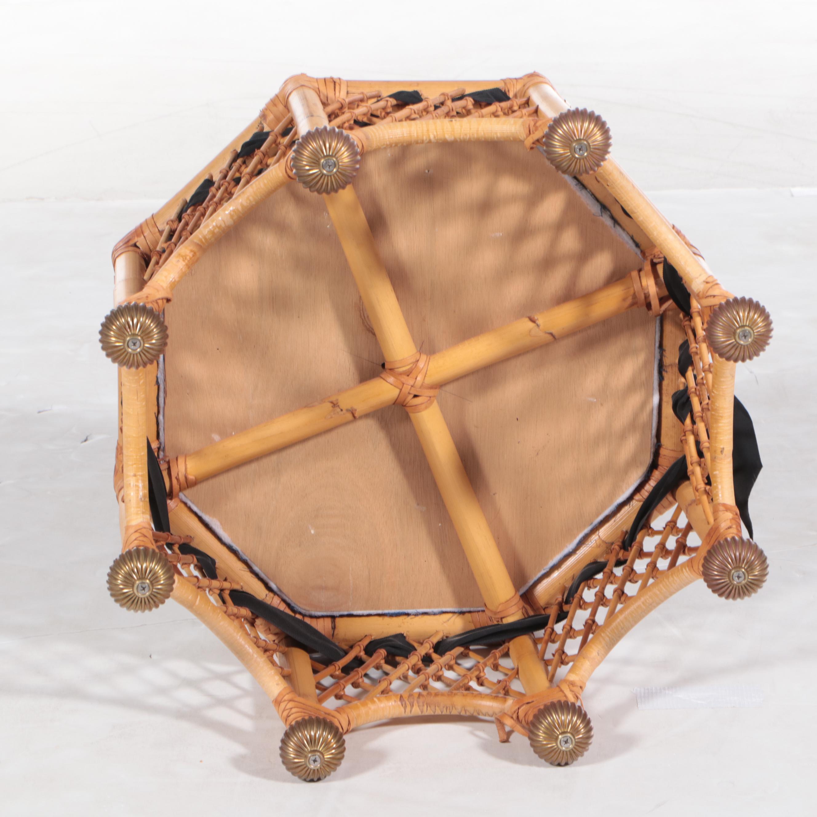 Custom-Upholstered Bamboo, Leather-Bound, and Brass-Mounted Stool