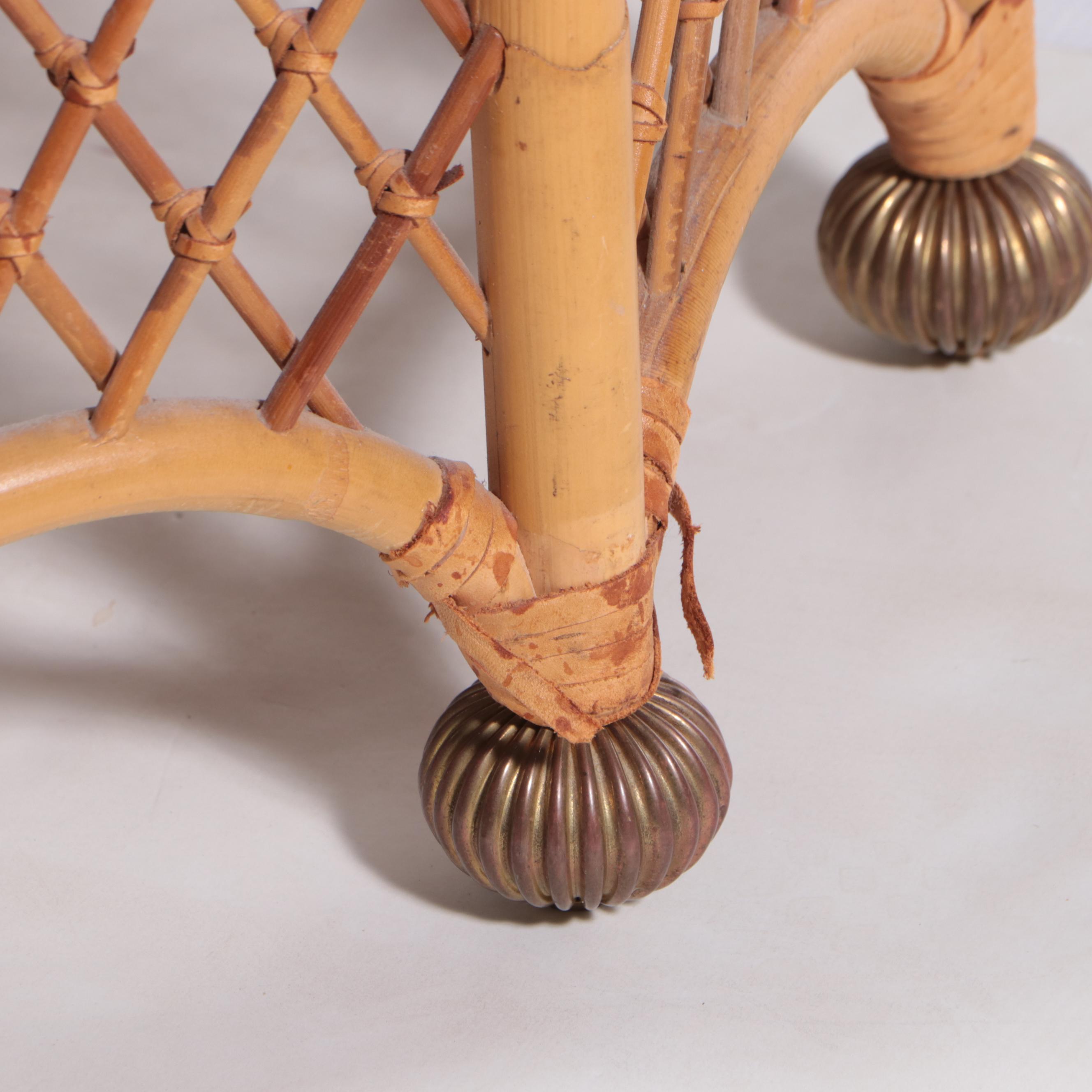 Custom-Upholstered Bamboo, Leather-Bound, and Brass-Mounted Stool