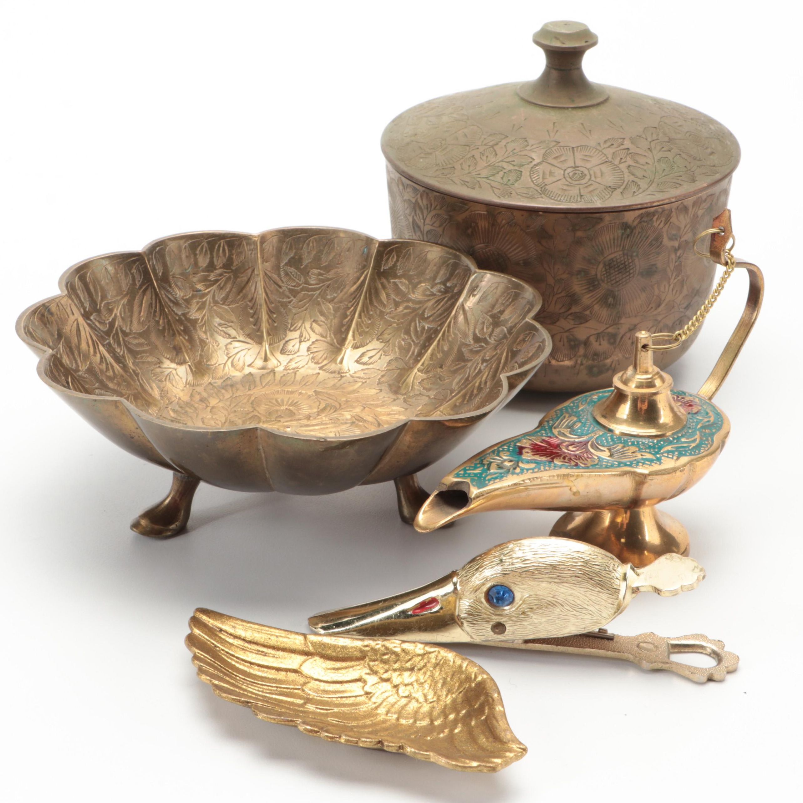 Chased Indian Brass Footed Lobed Bowl with Collection of Brass Décor