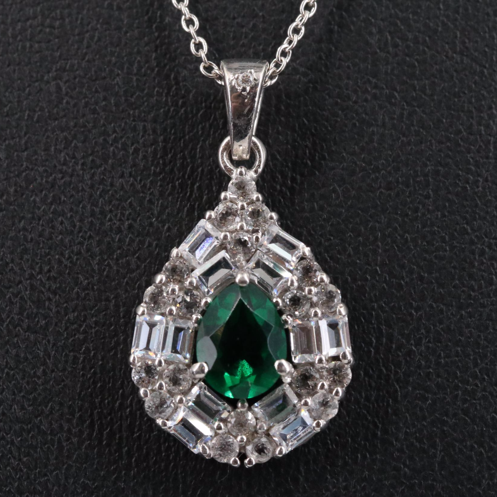 Sterling Emerald and Cubic Zirconia Teardrop Pendant Necklace