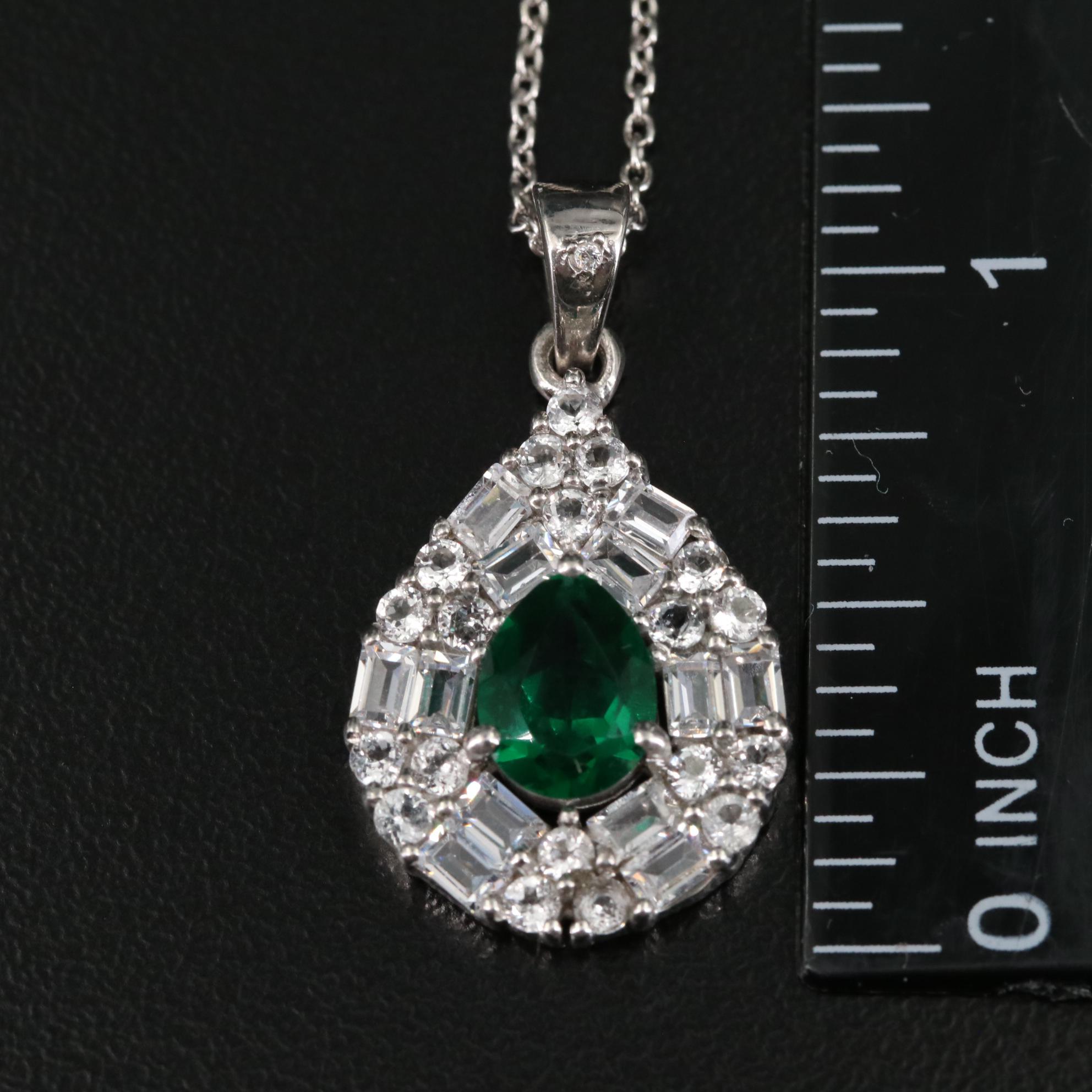Sterling Emerald and Cubic Zirconia Teardrop Pendant Necklace