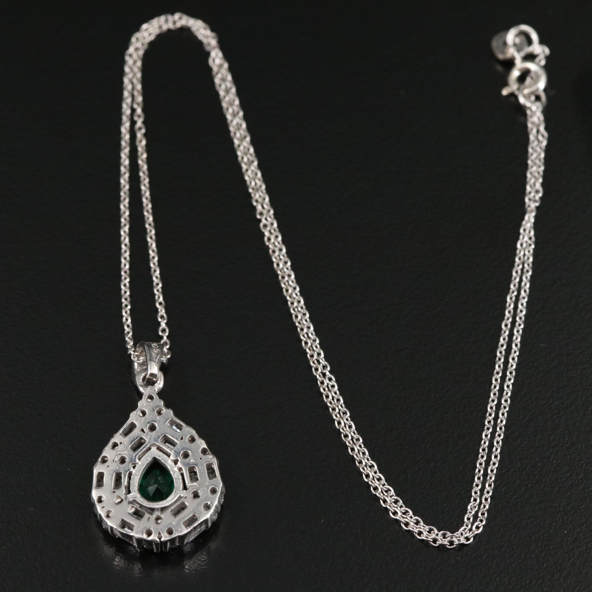 Sterling Emerald and Cubic Zirconia Teardrop Pendant Necklace