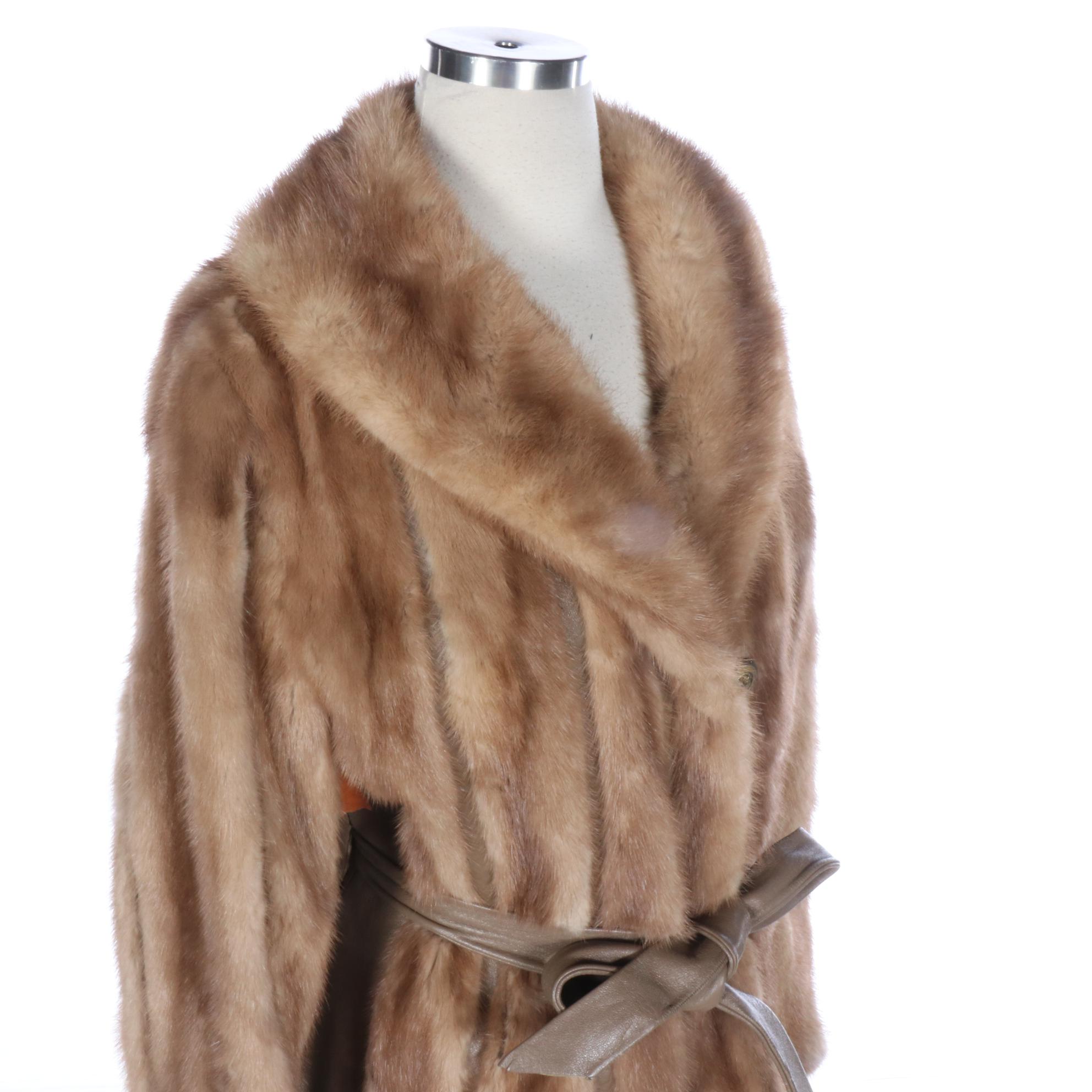 Mink Fur and Leather Shawl Collar Belted Coat