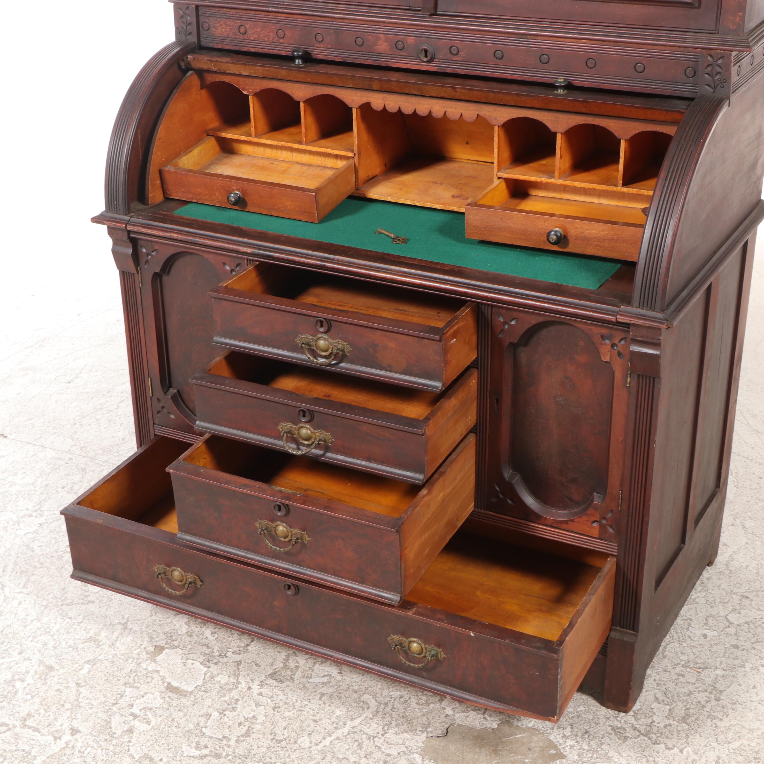 Victorian Walnut Cylinder Desk Bookcase, Mid to Late 19th Century