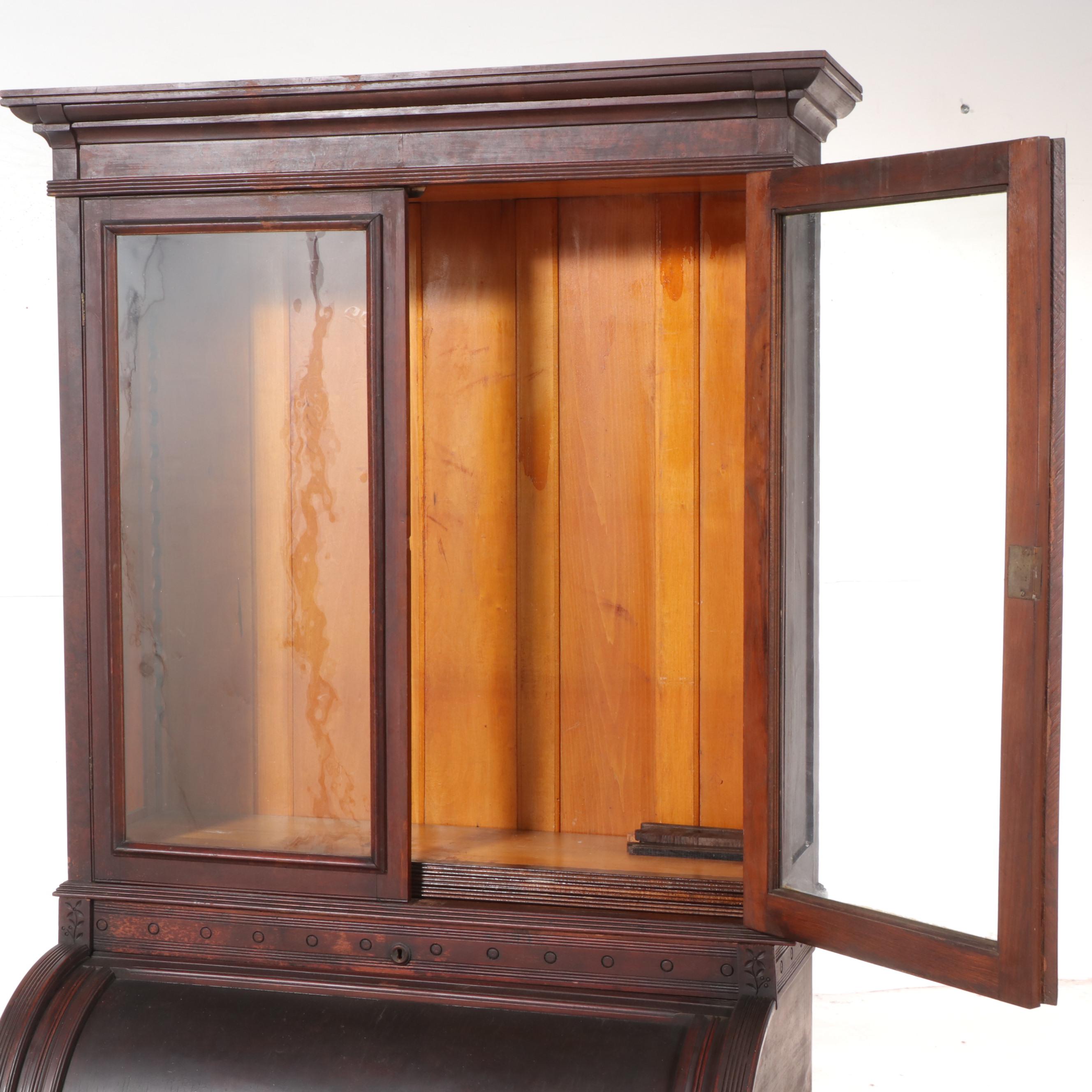 Victorian Walnut Cylinder Desk Bookcase, Mid to Late 19th Century