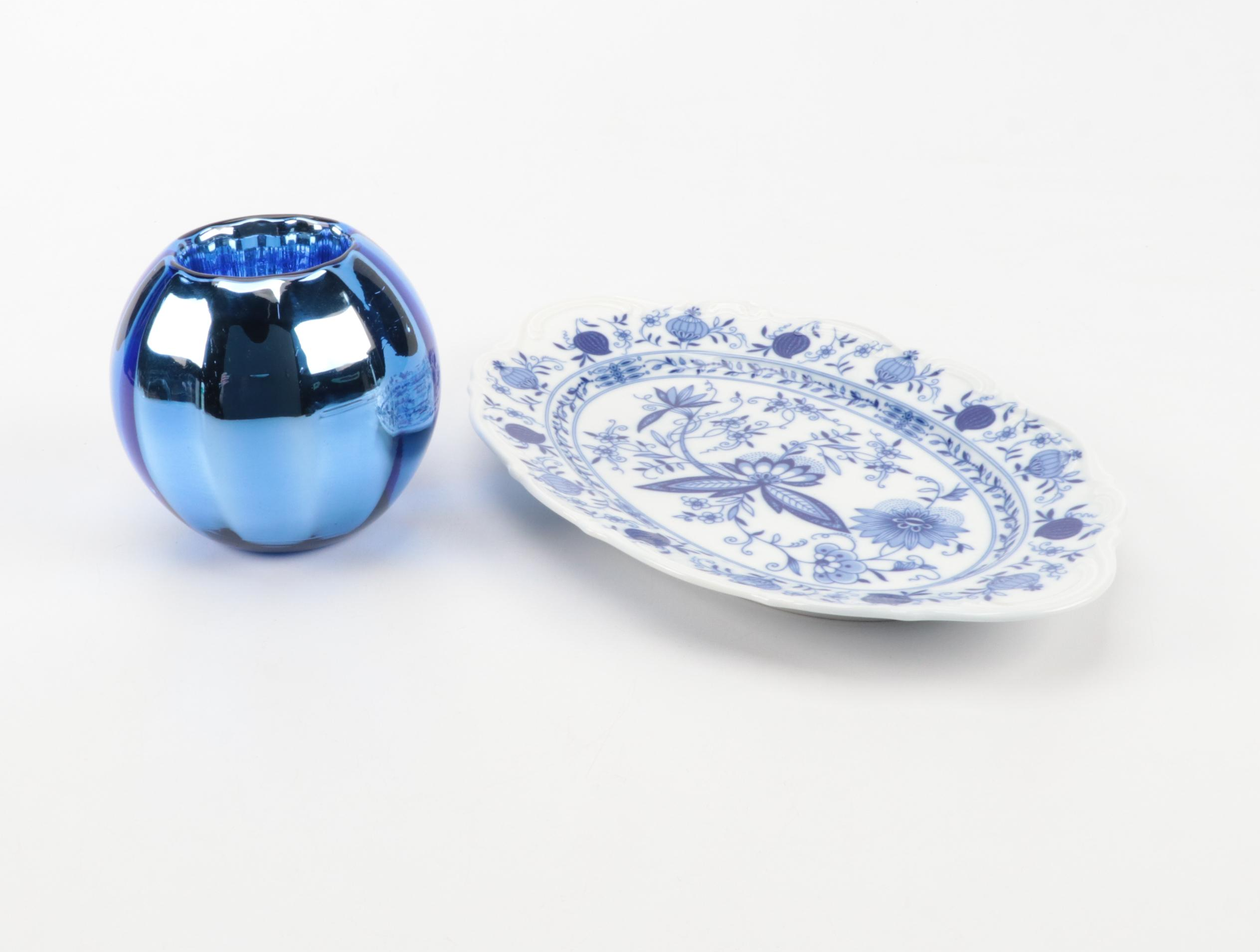 Mitterteich Blue Onion Style Platter with Cocktail Stirrers and Other Tableware
