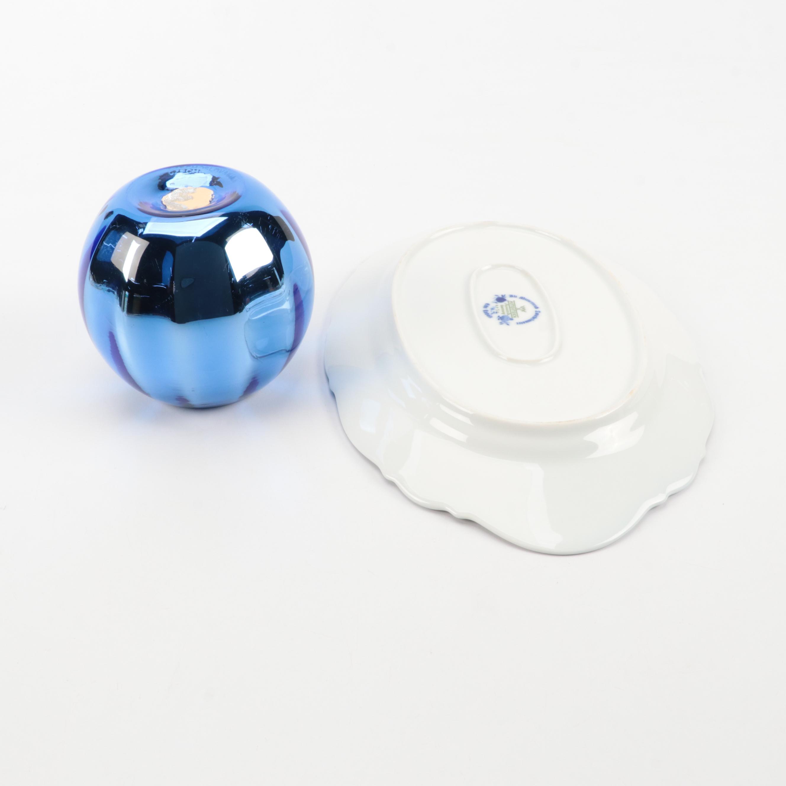 Mitterteich Blue Onion Style Platter with Cocktail Stirrers and Other Tableware