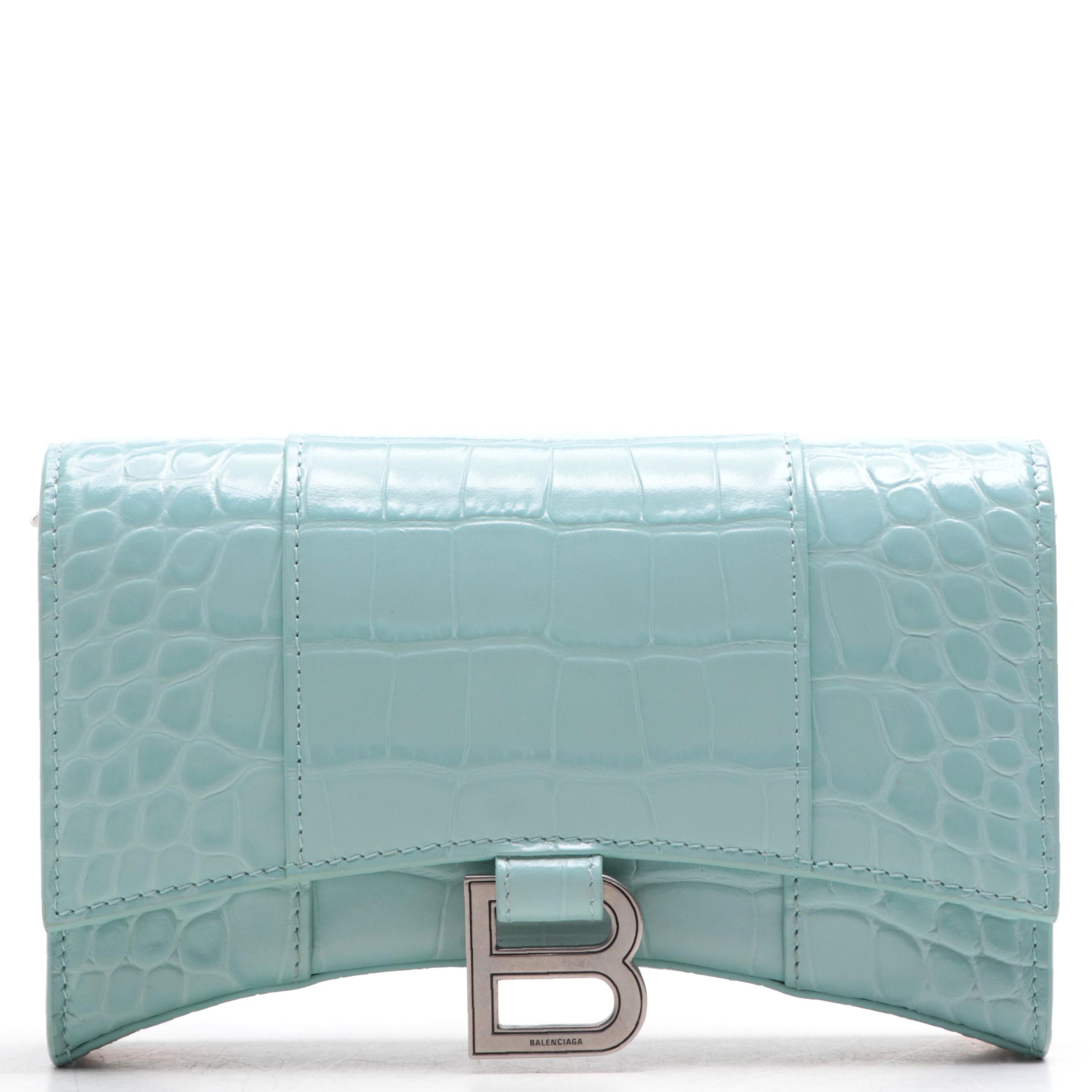 Balenciaga Hourglass Croc-Embossed Leather Wallet on Chain