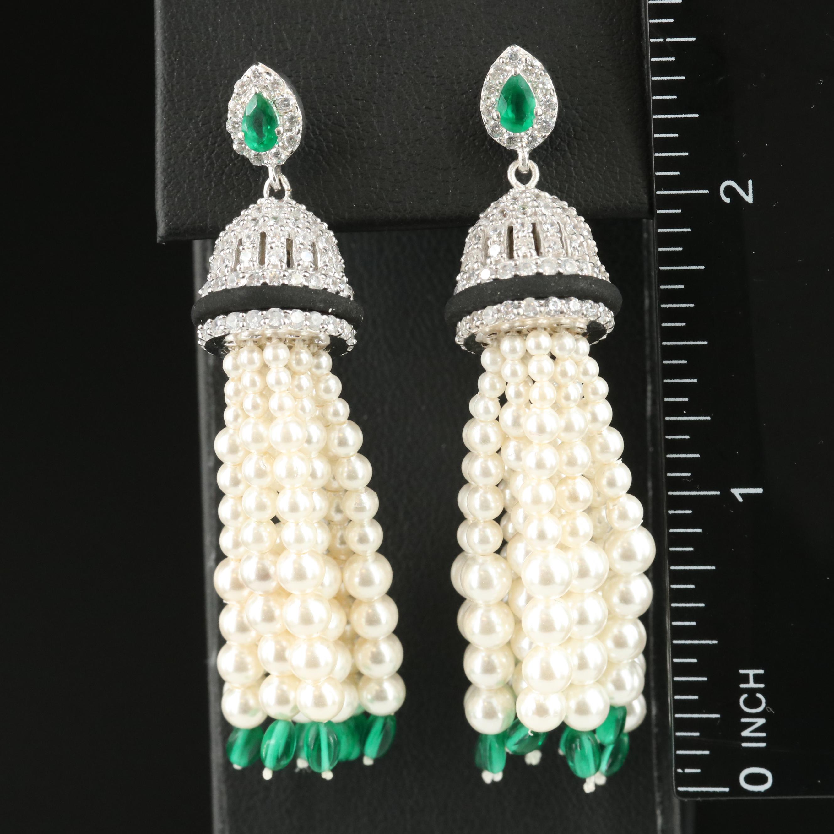 Sterling Emerald, Faux Pearl and Cubic Zirconia Tassel Earrings