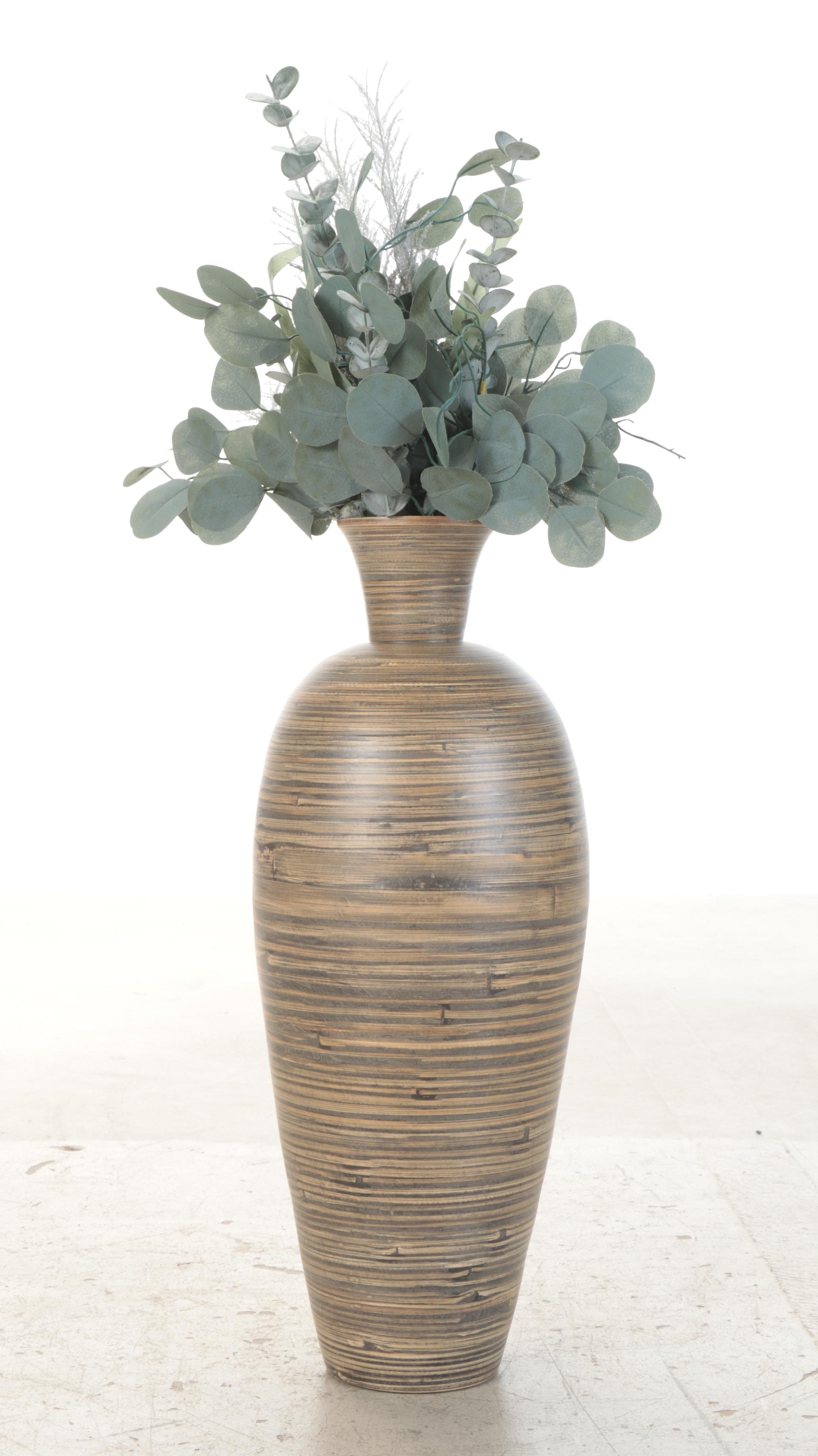 Artificial Eucalyptus and Other Foliage in Striped Pots