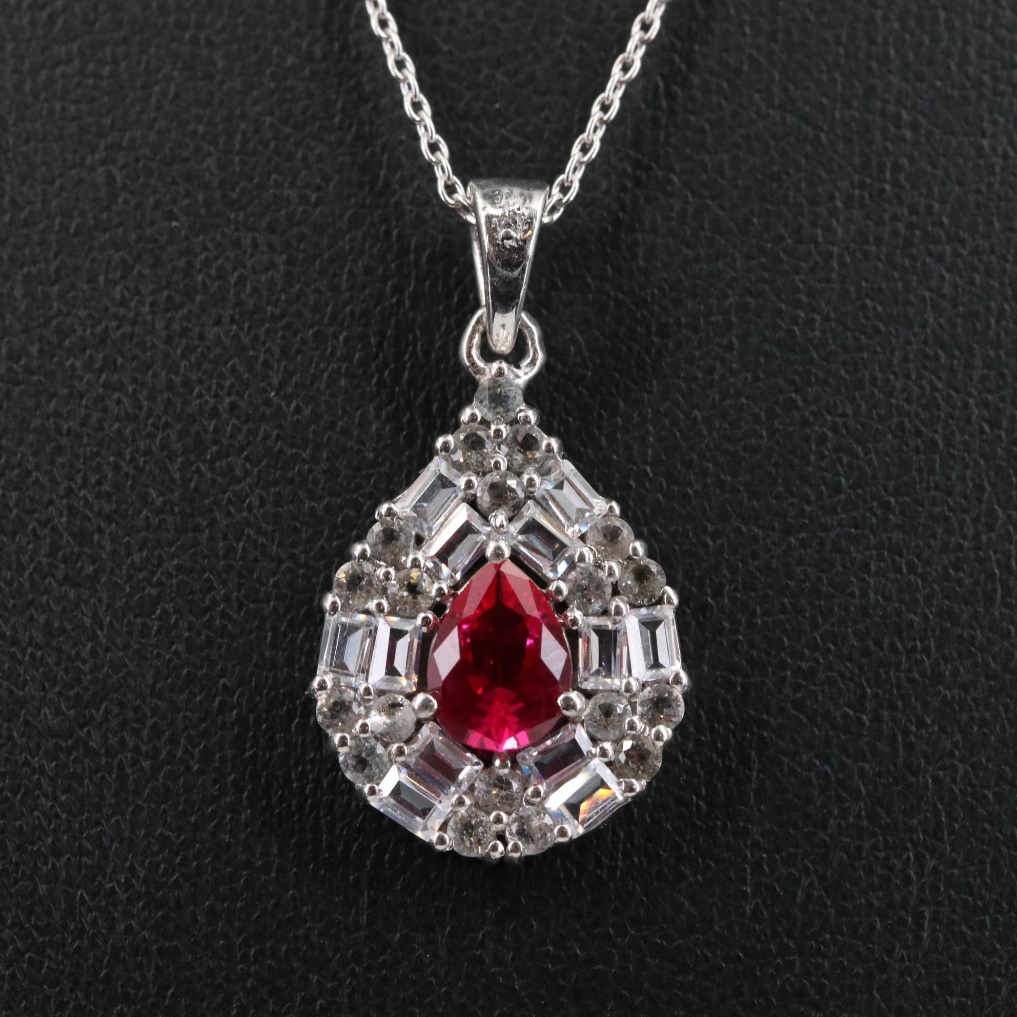 Sterling Ruby and Cubic Zirconia Teardrop Pendant Necklace