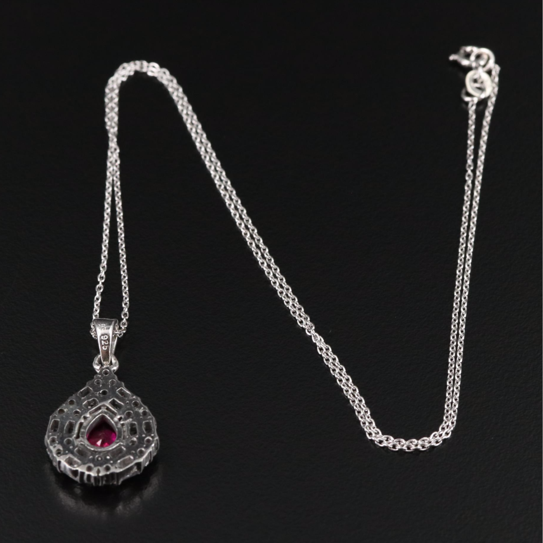 Sterling Ruby and Cubic Zirconia Teardrop Pendant Necklace