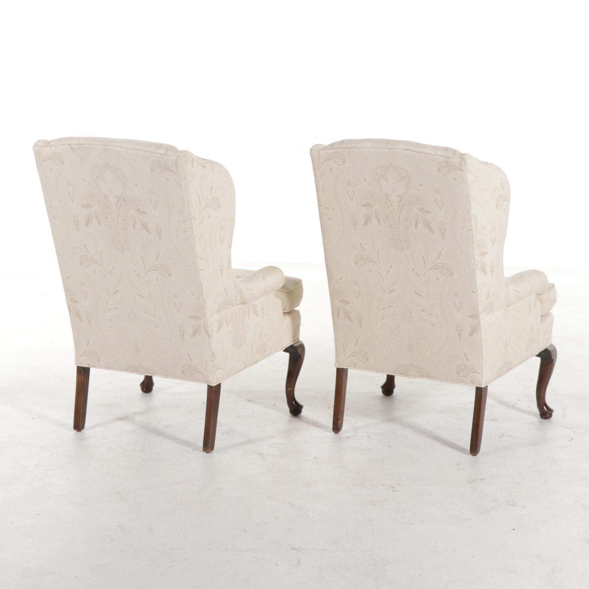 Pair of Queen Anne Style Upholstered Wingback Armchairs