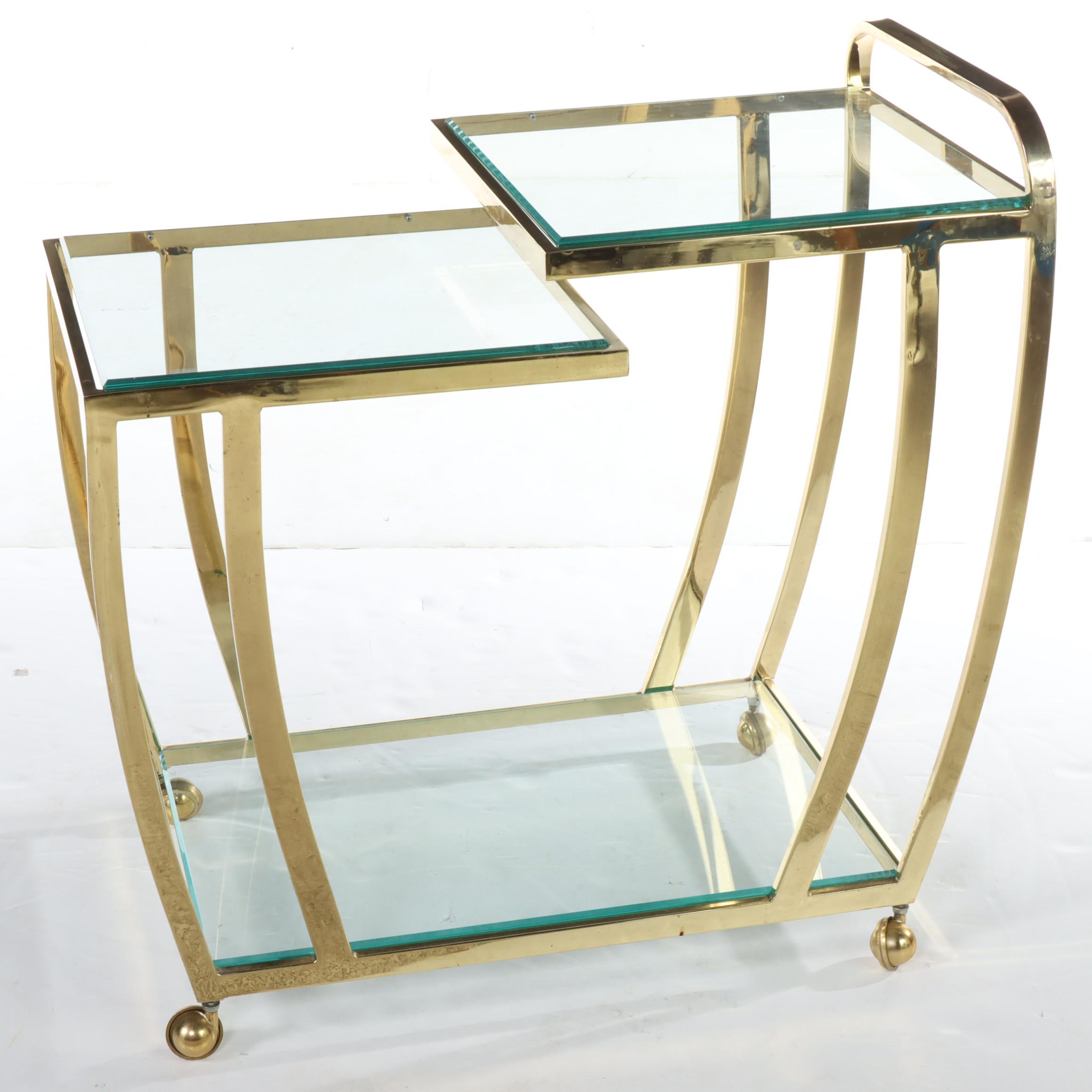Hollywood Regency Style Brass-Patinated Metal and Glass Three-Tier Serving Cart