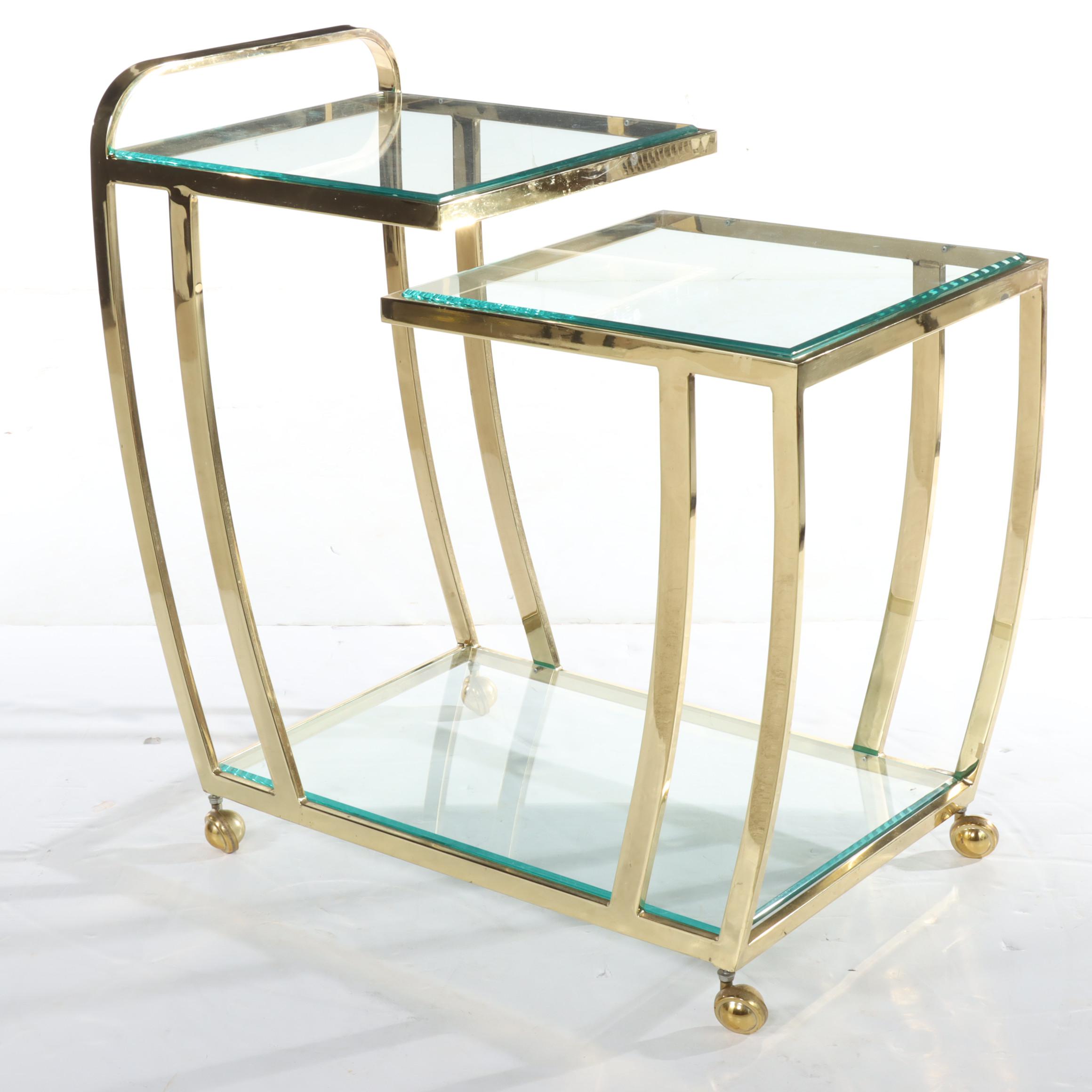 Hollywood Regency Style Brass-Patinated Metal and Glass Three-Tier Serving Cart