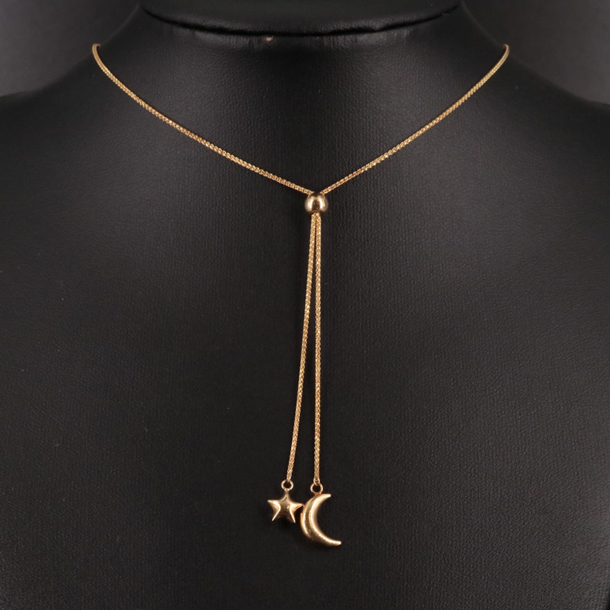 14K Star and Half Moon Lariat Necklace
