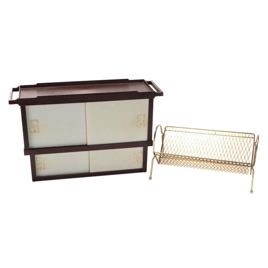 Brass Tone Metal Magazine Rack With Plastic Wall Cabinet, Mid-20th Century