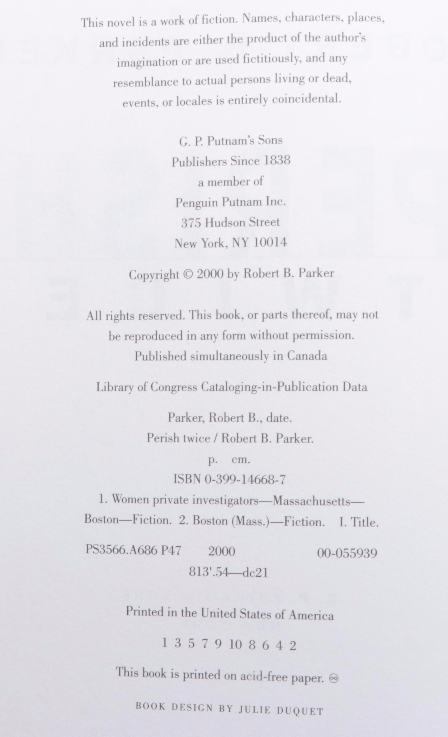 First Edition Robert B. Parker Novels Including "Perish Twice" and "Hush Money"