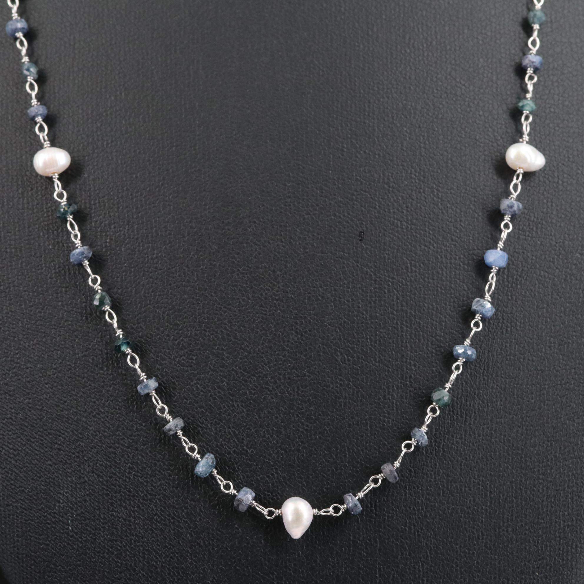 Sterling Cultured Pearl and Sapphire Beaded Necklace