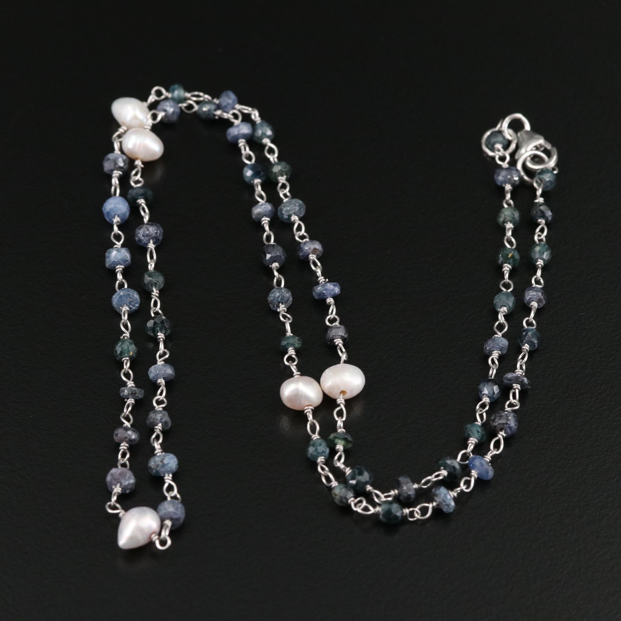 Sterling Cultured Pearl and Sapphire Beaded Necklace