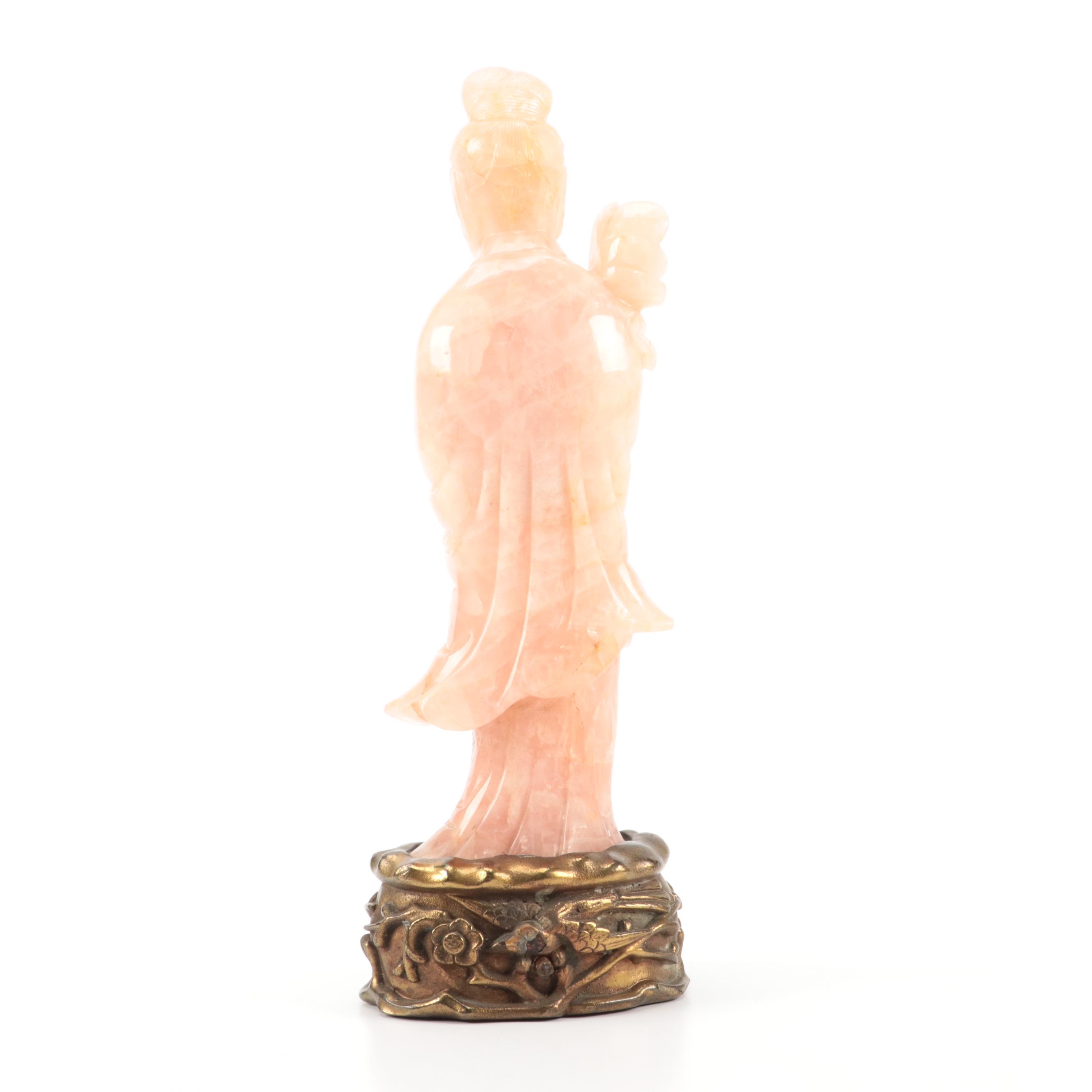 Chinese Carved Rose Quartz Guanyin Statue on Metal Base
