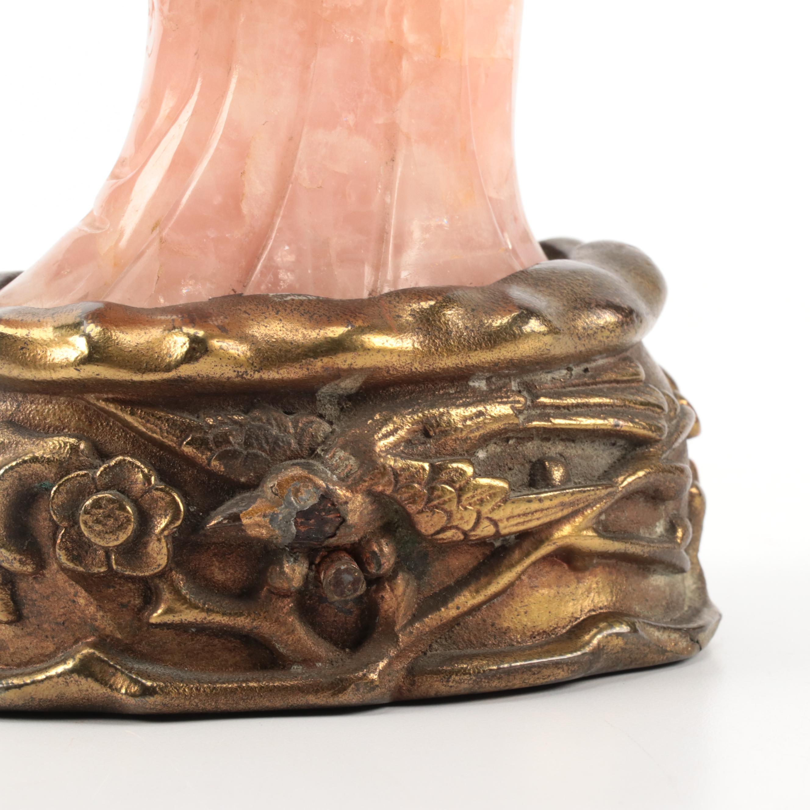 Chinese Carved Rose Quartz Guanyin Statue on Metal Base