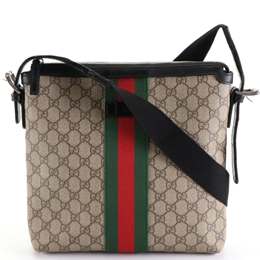 Gucci GG Supreme Web Stripe Crossbody with Leather Trim