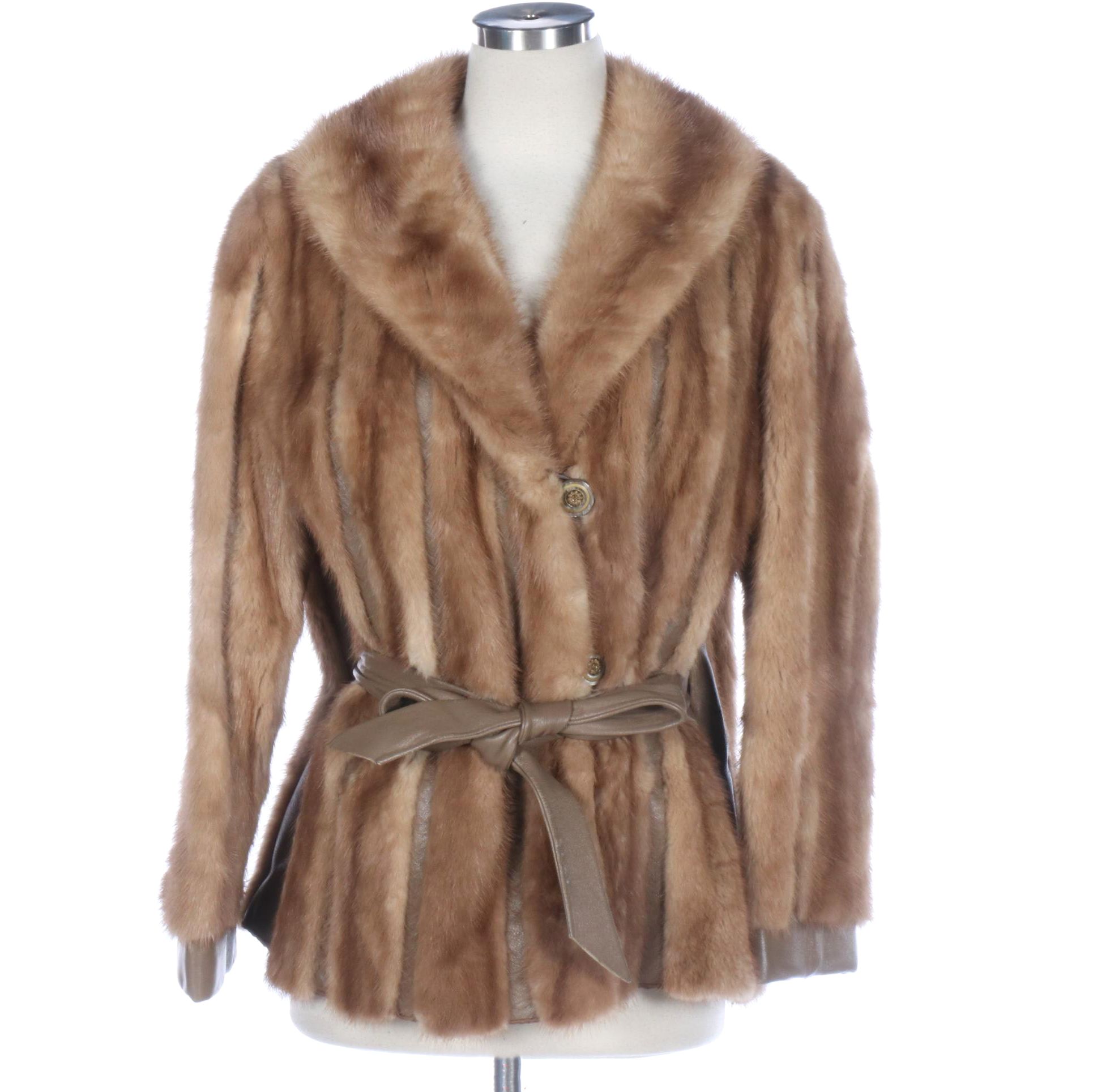 Mink Fur and Leather Shawl Collar Belted Coat
