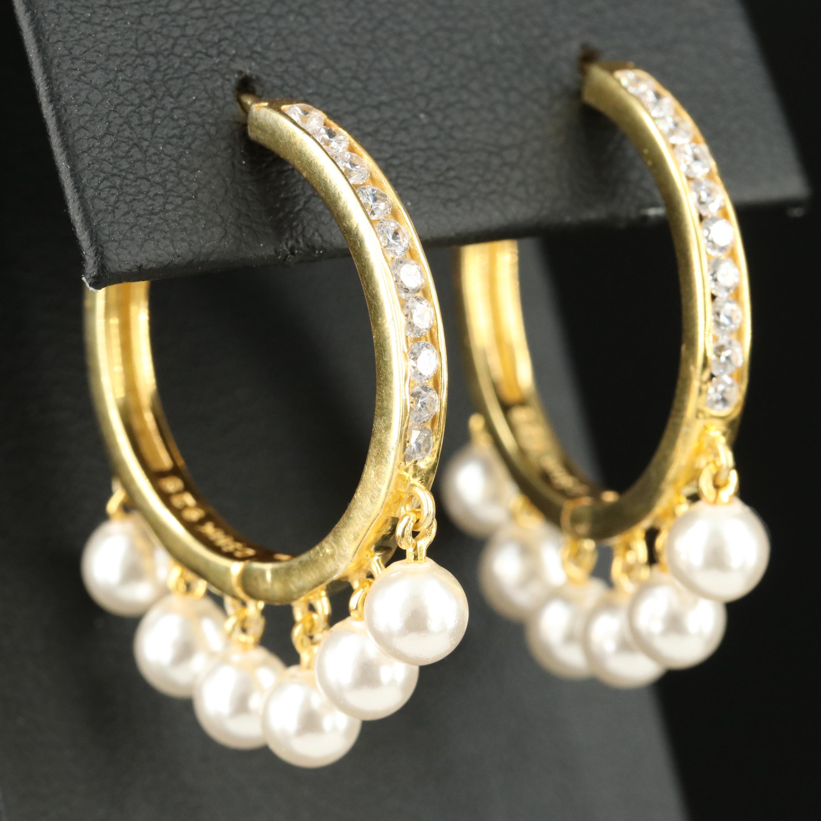 Sterling Faux Pearl and Cubic Zirconia Fringe Hoop Earrings