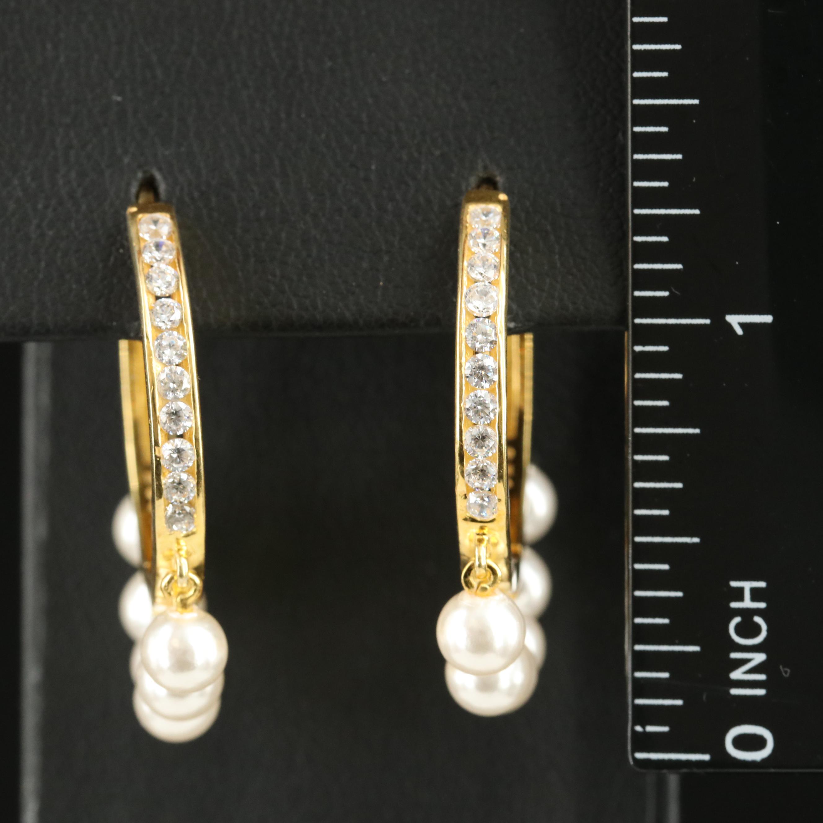 Sterling Faux Pearl and Cubic Zirconia Fringe Hoop Earrings