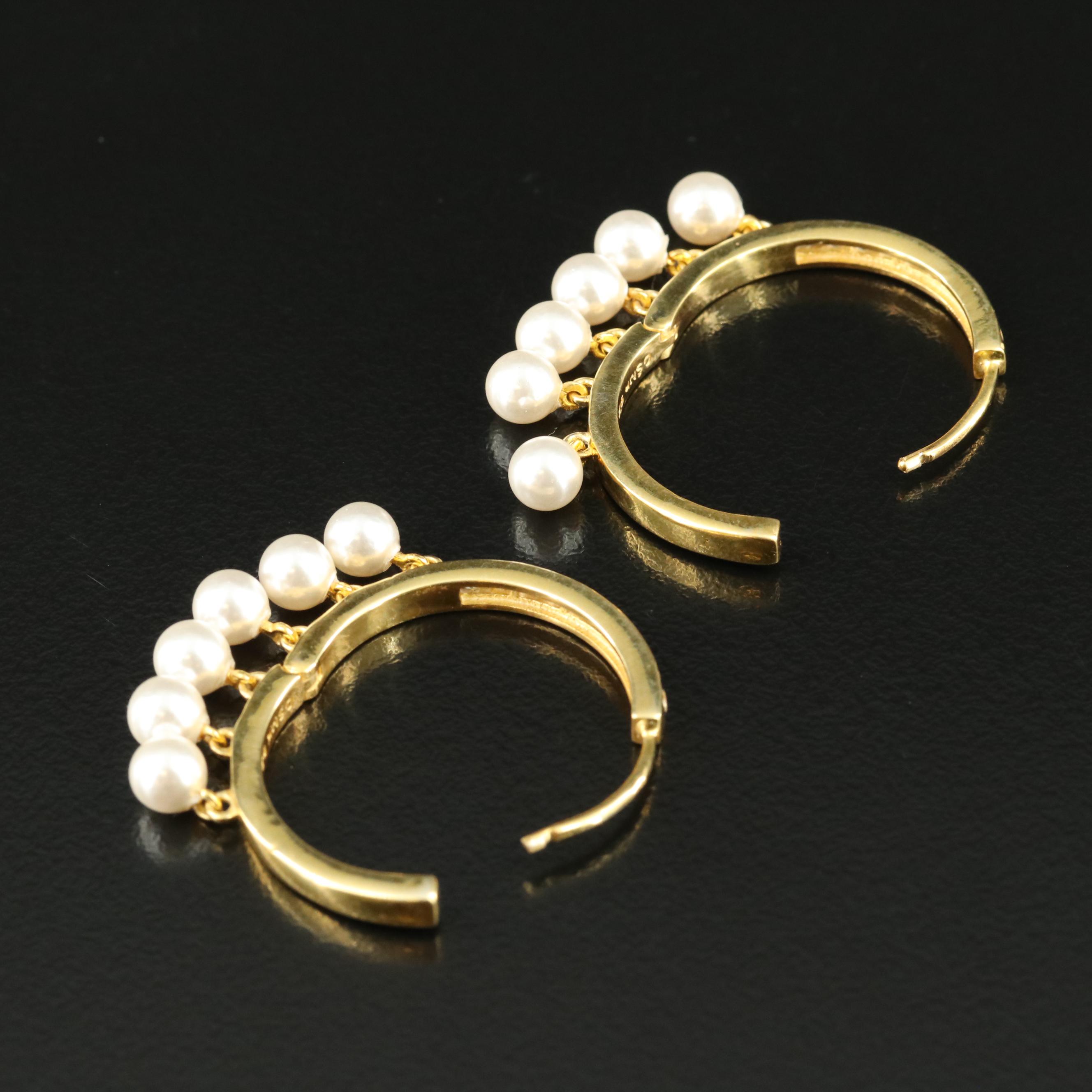 Sterling Faux Pearl and Cubic Zirconia Fringe Hoop Earrings